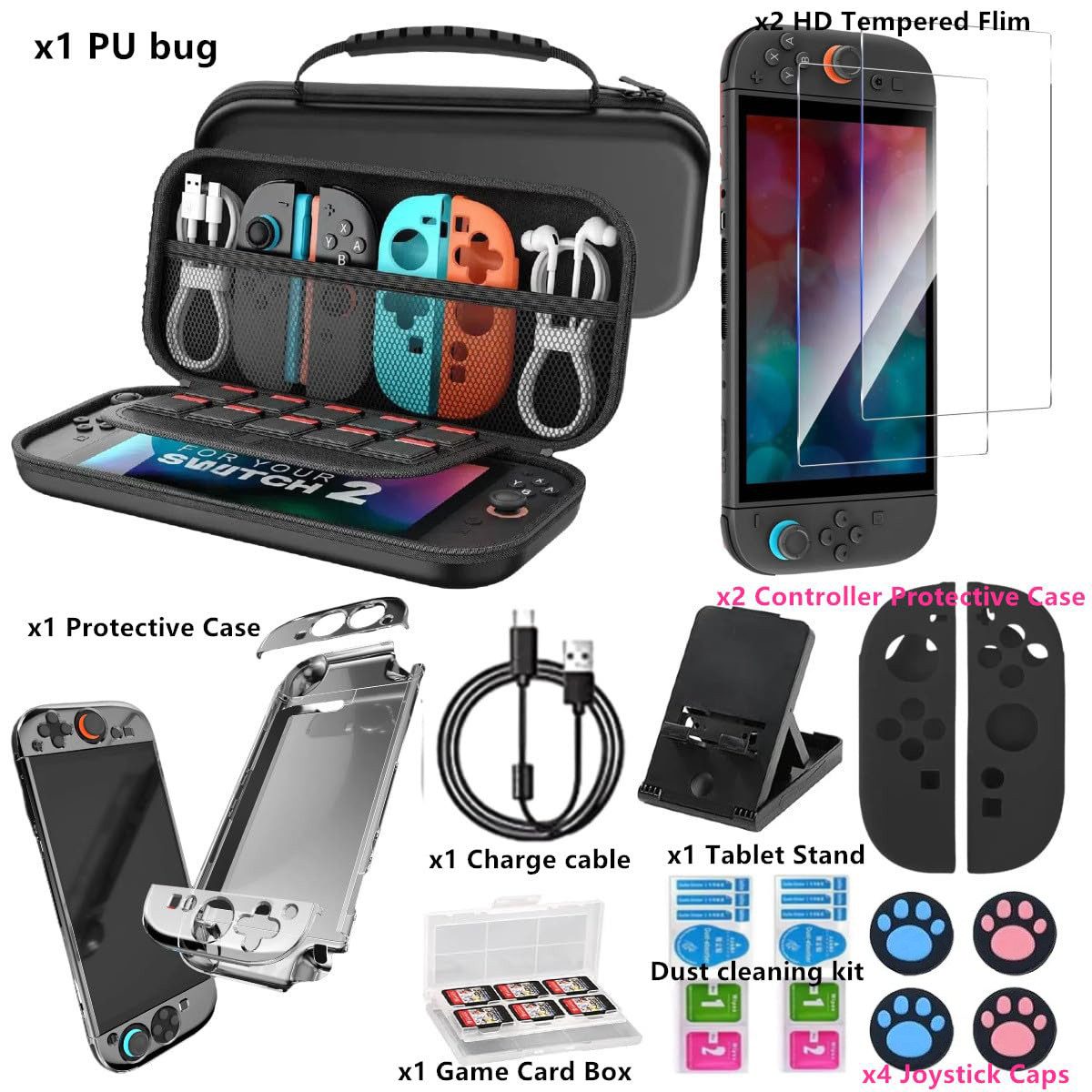 Toomoke Nintendo Switch 2 Zubehör Spielekonsolen-Tasche, Nintendo-Controller (14-in-1-Zubehörset Kompatibel mit Nintendo Switch 2, NintendoSchutzhülle mit Displayschutz, für Switch Konsole und Zubehör)