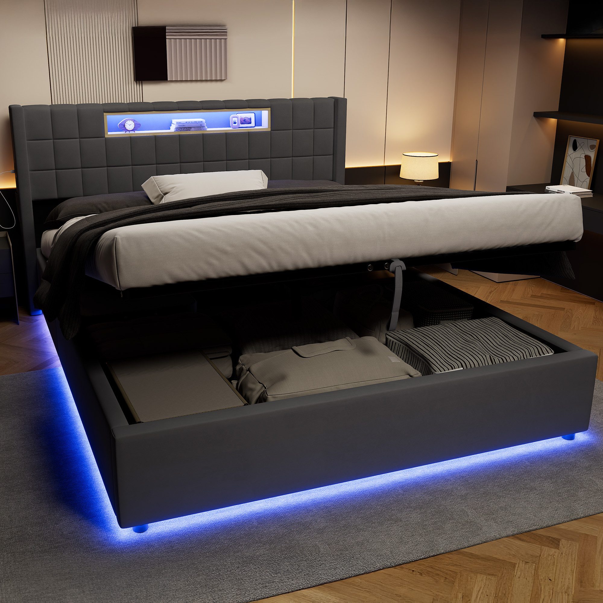 REDOM Polsterbett Funktionsbett mit LED-Kopfteil, Doppelbett (quadratischem Muster und hydraulischem Bettkasten, 160x200 cm Stauraumbett mit USB & Type-C, für Schlafzimmer und Jugendzimmer), ohne Matratze