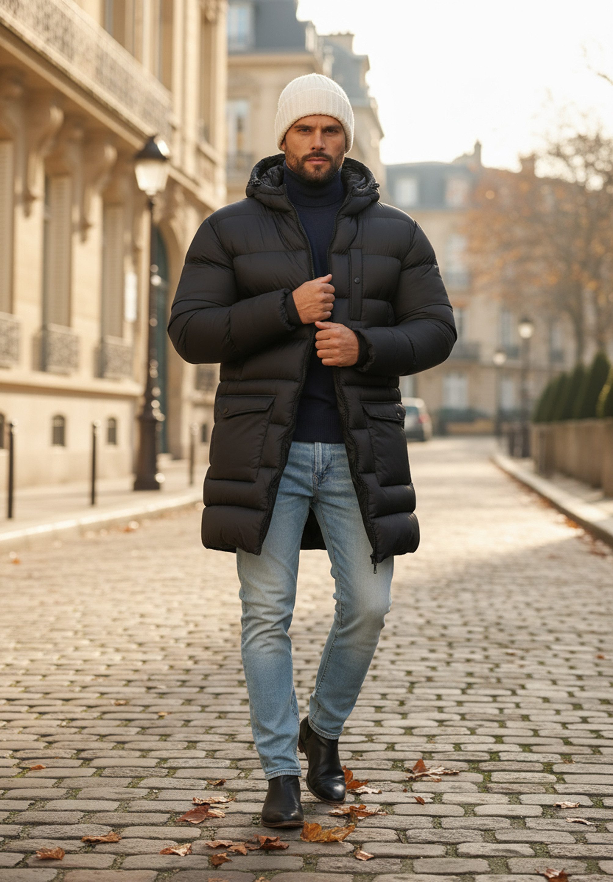 SOULSTAR Parka mit Kapuze als Winterjacke - Langer Steppmantel Herren warme Pufferjacke Steppjacke - Leichter Wintermantel