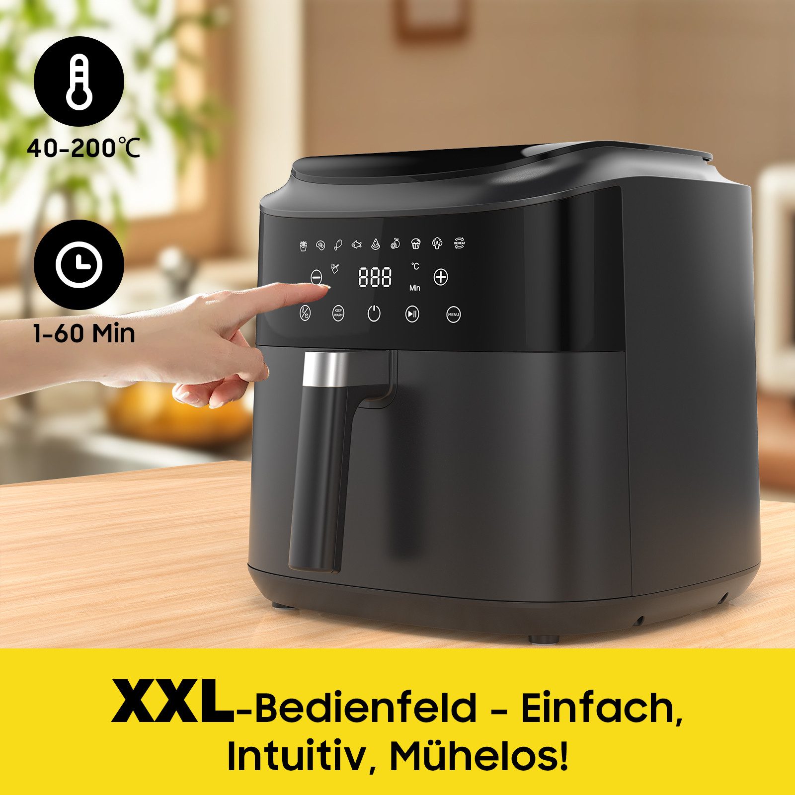 AIMAX Heißluftfritteuse 9 Liter, XL Airfryer mit Sichtfenster, Touchscreen, 360° Heißluft-Technologie, 2350 W, LED-Anzeige, Air Fryer mit 9 Programmen, Ohne Öl