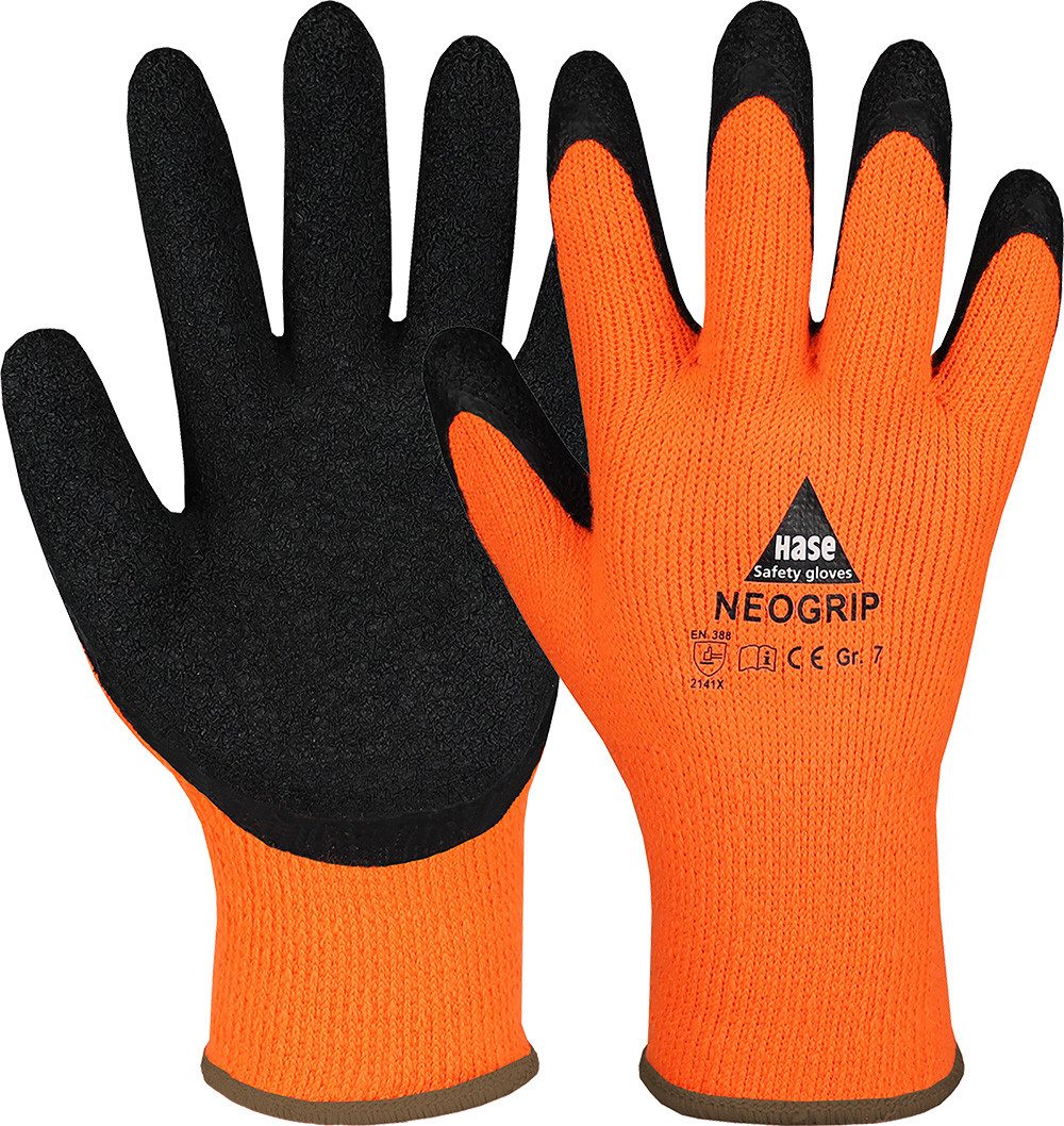 Hase Safety Gloves Arbeitshandschuhe NeoGrip orange Montagehandschuh Latex (Packung, 12-St., Gr 7-11, VPE= 12 Paar) Atmungsaktiv