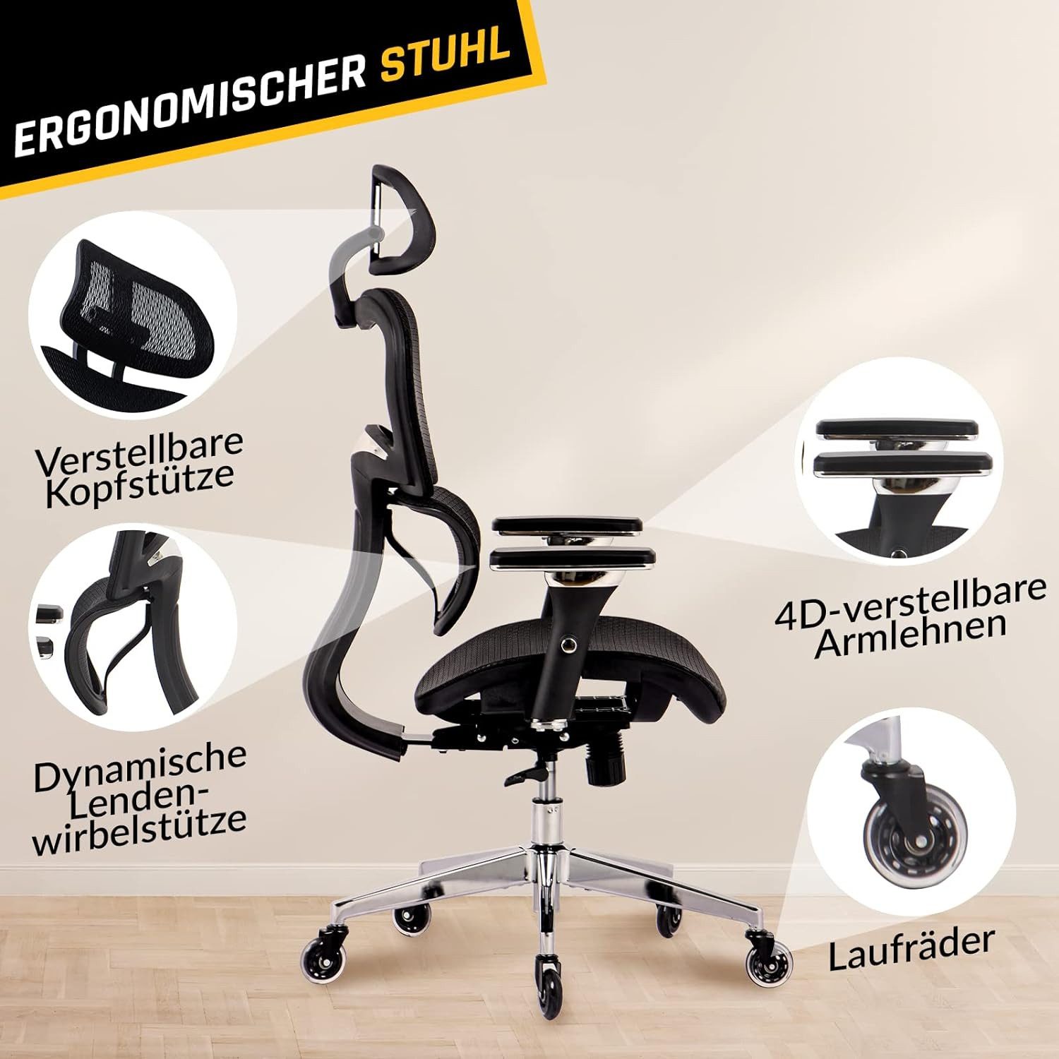 KLIM Bürostuhl K800 (Chefsessel, Drehstuhl, Lendenwirbelstütze), Armlehne & Kopfstütze, ergonomischer Schreibtischstuhl, höhenverstellbar