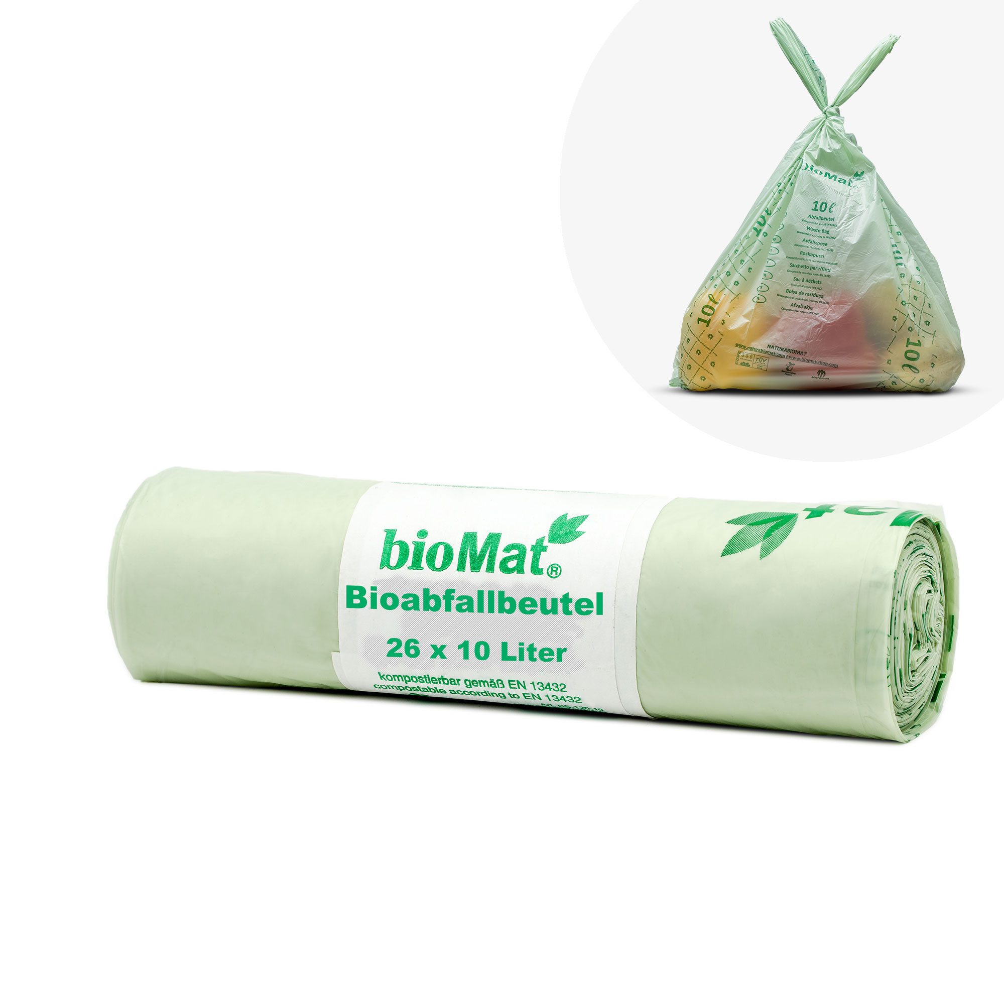 bioMat Müllbeutel bioMat Kompost. 10l Biomüllbeutel mit Tragegriff, DINplus, Made in DE