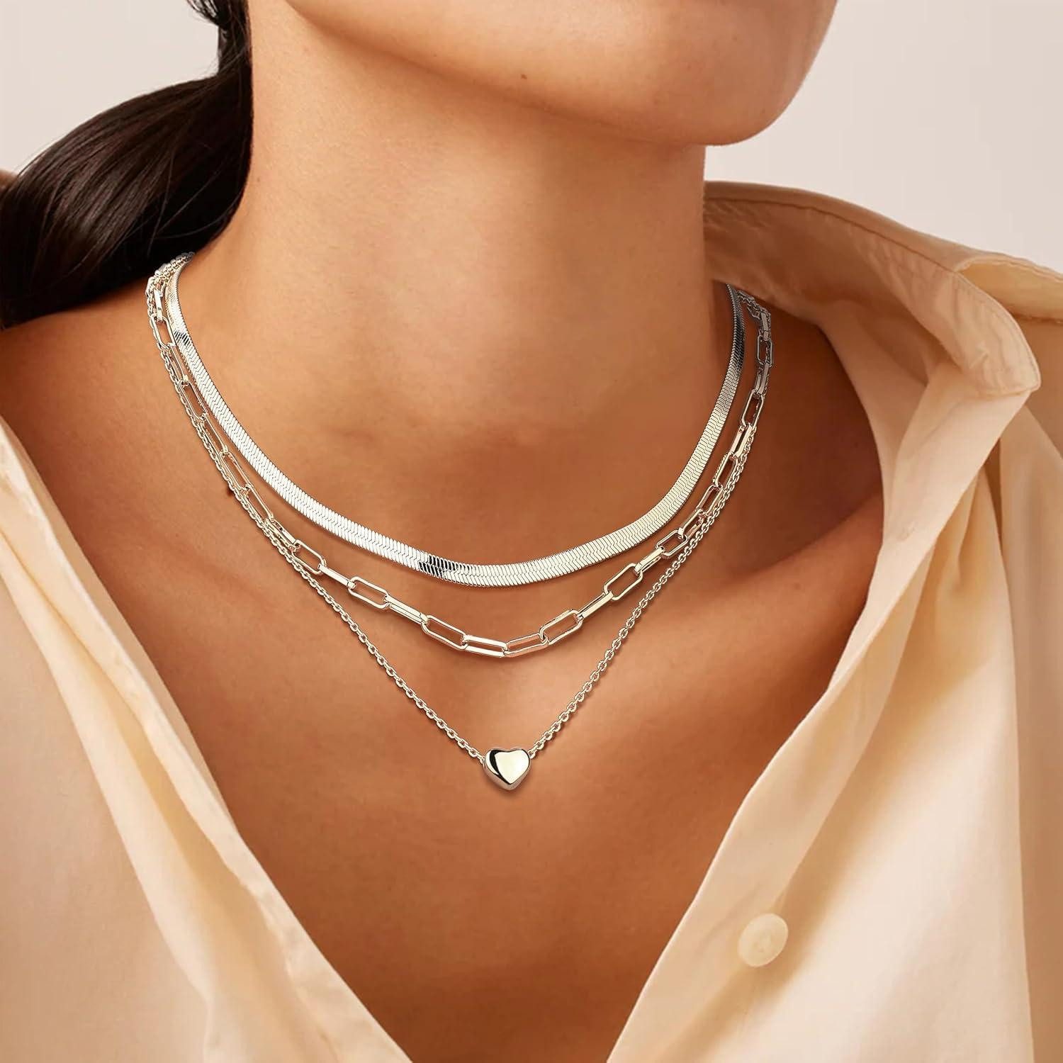 LuxusKollektion Edelstahlketten-Set Stapelbare Damen Halsketten Set Edelstahl Gold Silber Herzanhänger