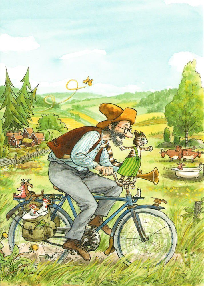 Postkarte "Pettersson und Findus: Pettersson auf Fahrrad"