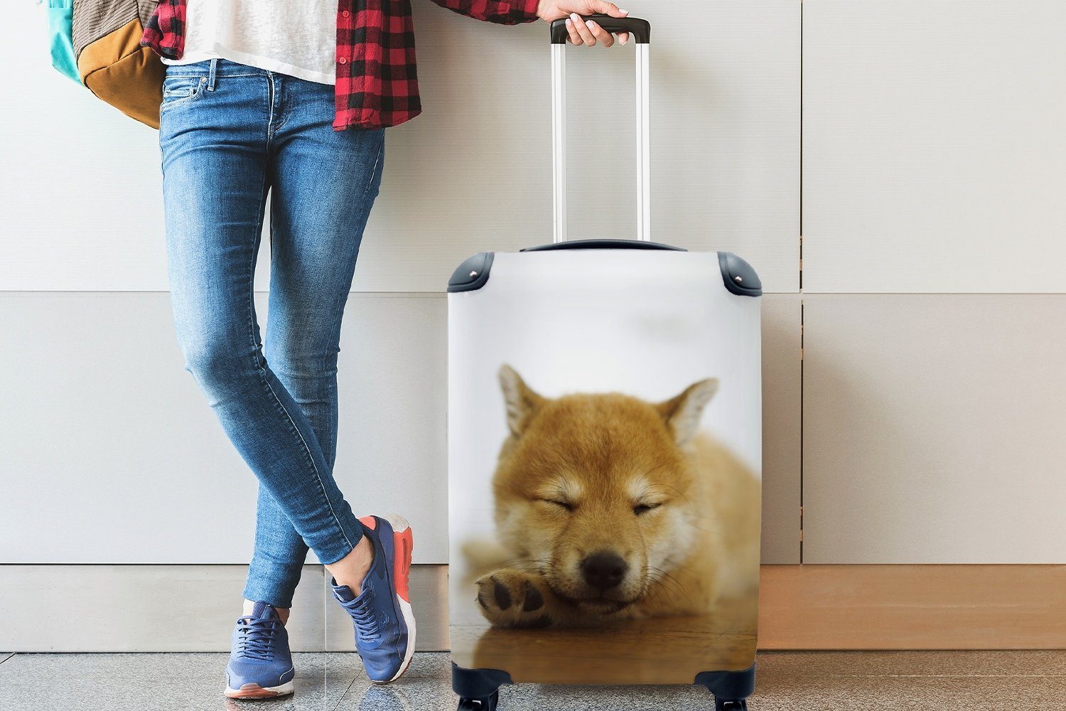 Handgepäckkoffer 4 Inu Rollen, MuchoWow Shiba mit Ferien, Reisekoffer Schlafender Handgepäck Trolley, Reisetasche rollen, für Welpe,