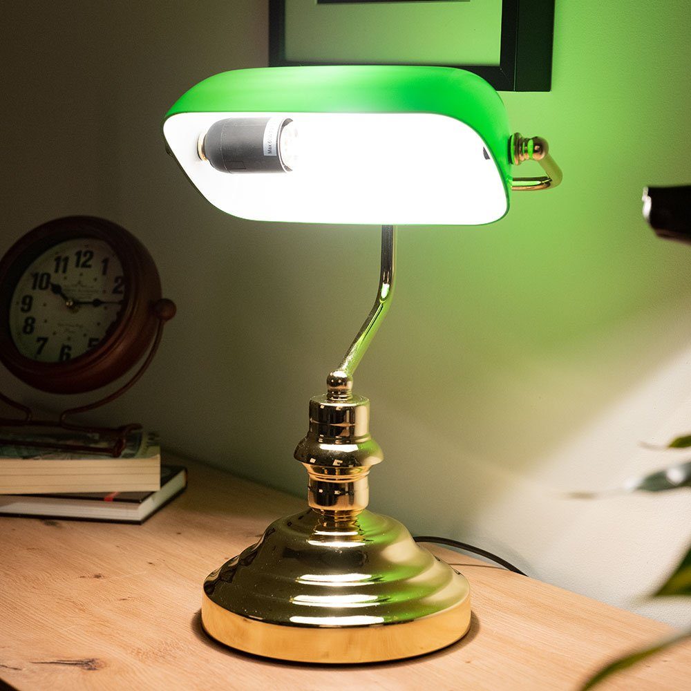etc-shop LED Tischleuchte, Leuchtmittel grün Tischlampe mit Schirm nicht inklusive, Metall Nachttischlampe Bankerleuchte
