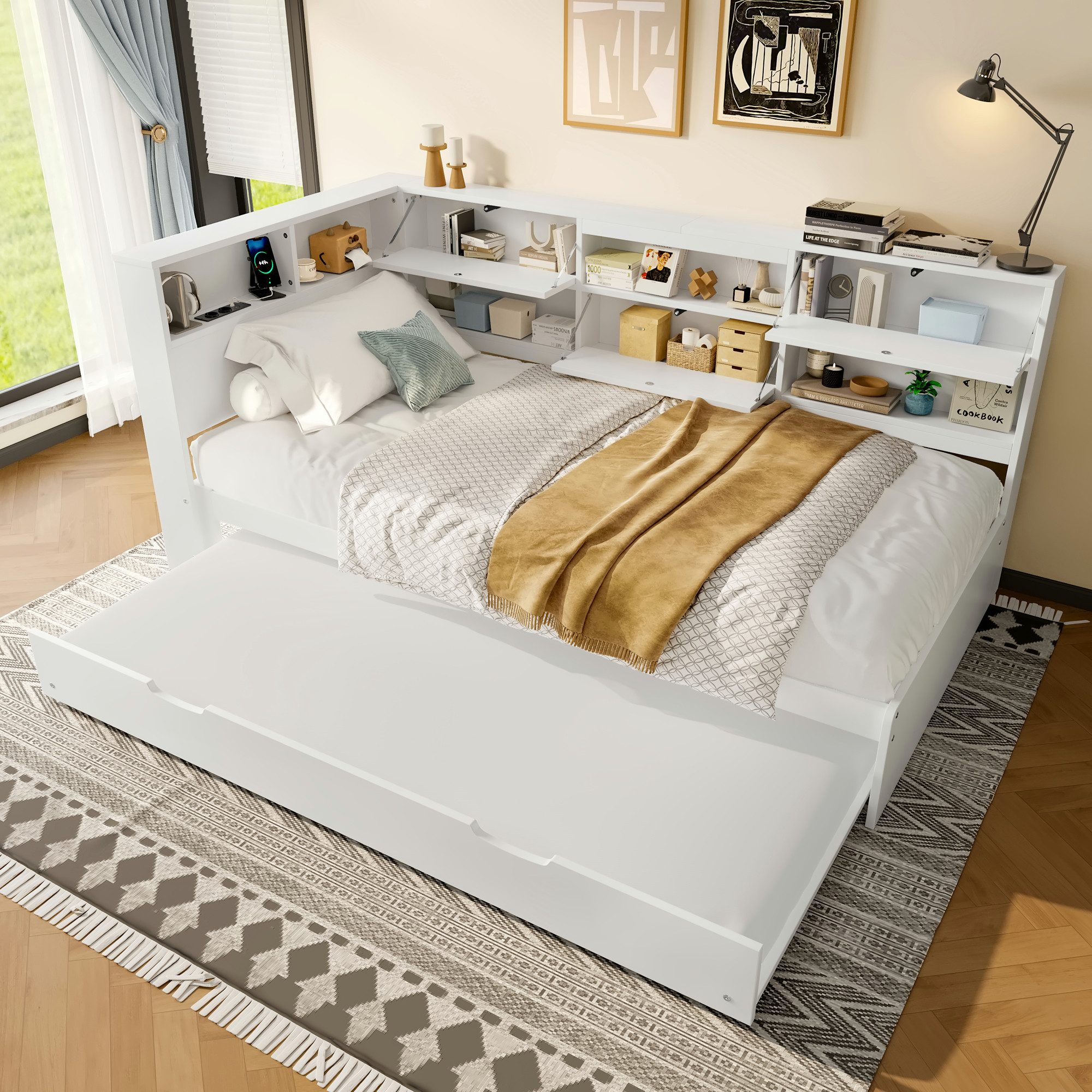 STILVORA Schlafsofa mit Ausziehbett,90x200 Daybett Tagesbett mit Staufach-Kopfteil, mit L-Stauraum & USB, Ausziehbett 90x200 cm, ohne Matratze
