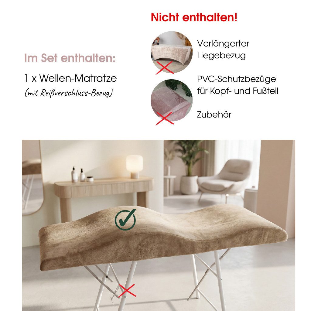 STM Company Massageliege Memory Foam Wellenmatratze für Kosmetikliege (180x60 cm / 190x70 cm, mit Veloursbezug), Anatomischer Lash Topper für Wimpern, PMU & Kosmetik