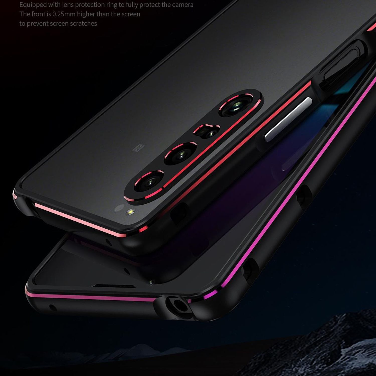 Wigento Handyhülle Für Sony Xperia 1 VII Aurora Series Metallrahmen Schutz Hülle Silber, Metallrahmen mit integriertem Linsenschutz