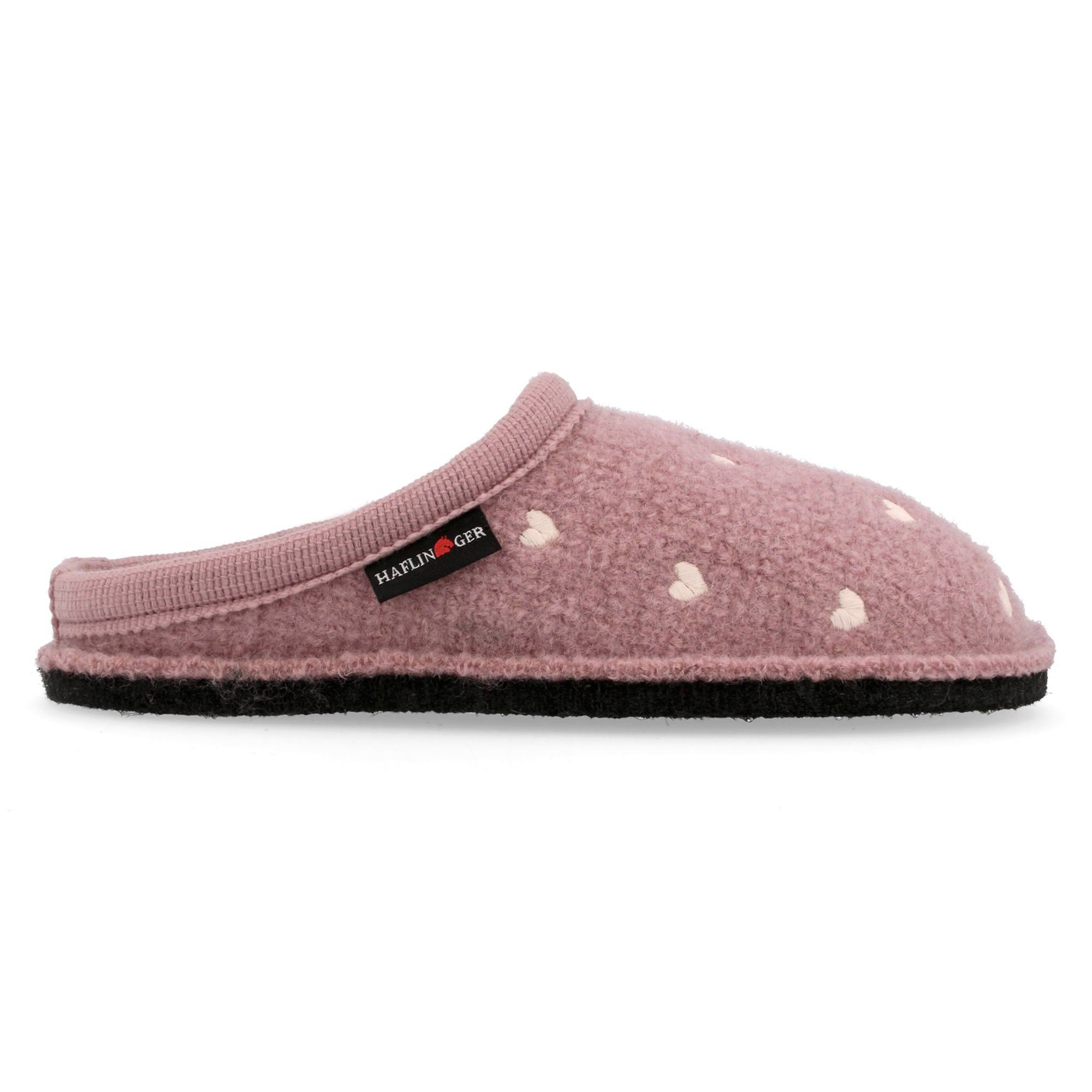 Haflinger Flair Valentine Pantoffeln aus gewalkter Wolle Herzmotiv Unisex Hausschuh – Bild 3 von 5