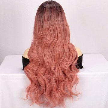 AUKUU Kostüm-Perücke Modische Perücke für Damen mit mittlerem Scheitel, langem lockigem Haar großem Wellenverlauf rauchrosa Chemiefaser