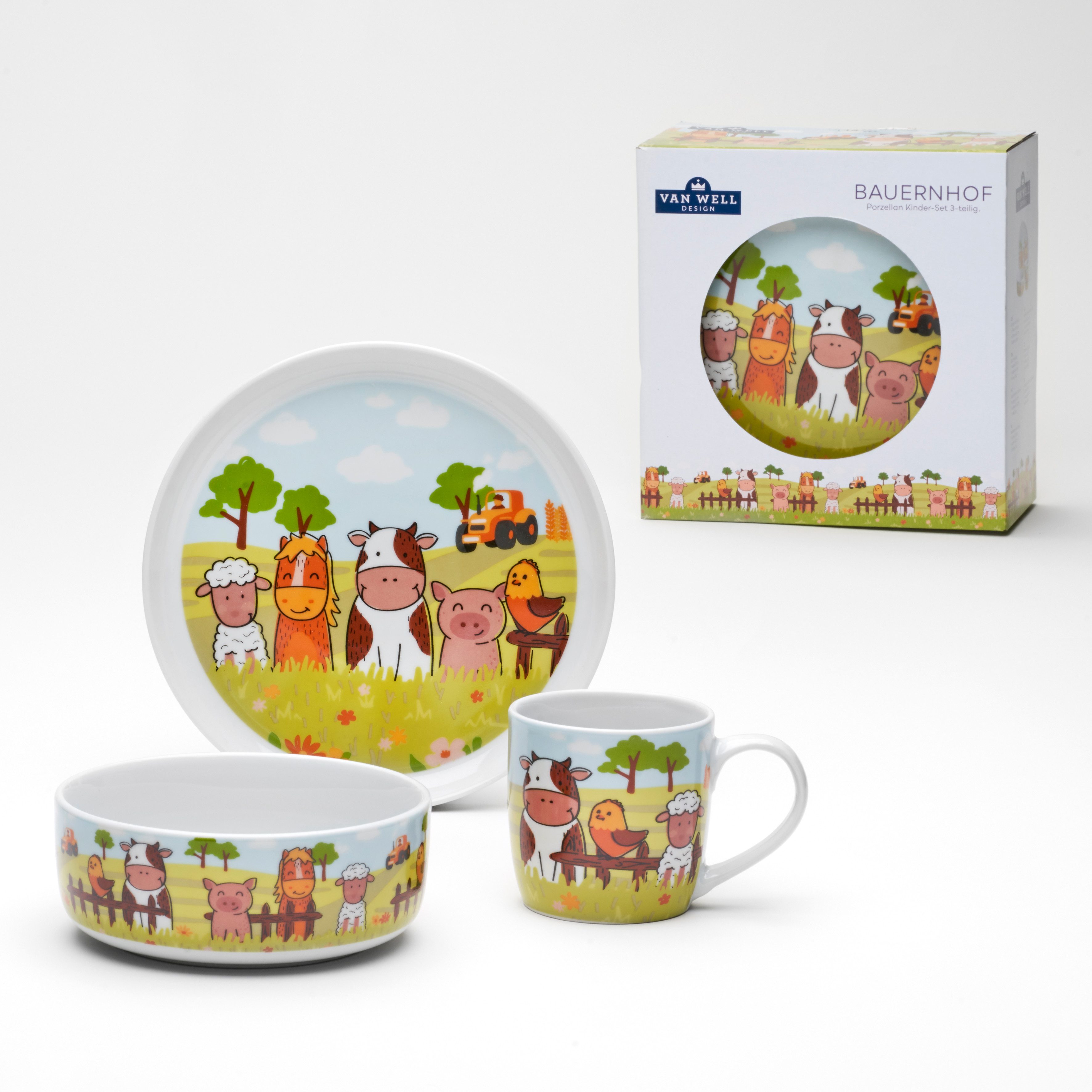 van Well Kindergeschirr-Set Kinderset Bauernhof, 3-teilig, Geschirr-Set, Service (3-tlg), 1 Personen, Porzellan, mit farbenfrohem Dekor, spülmaschinen- und mikrowellengeeignet