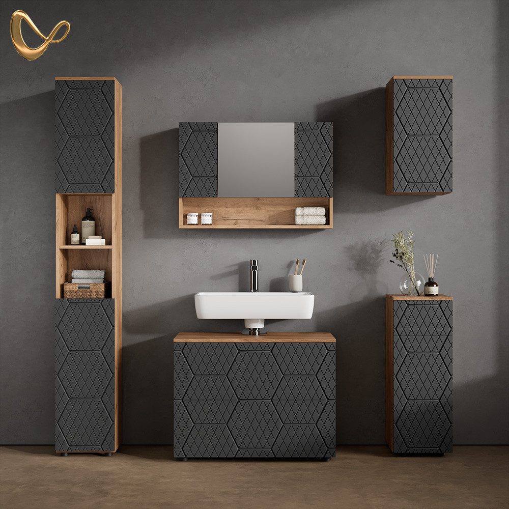 Livinity® Midischrank Ronco, Anthrazit gestreift/Goldkraft Eiche, günstig online kaufen