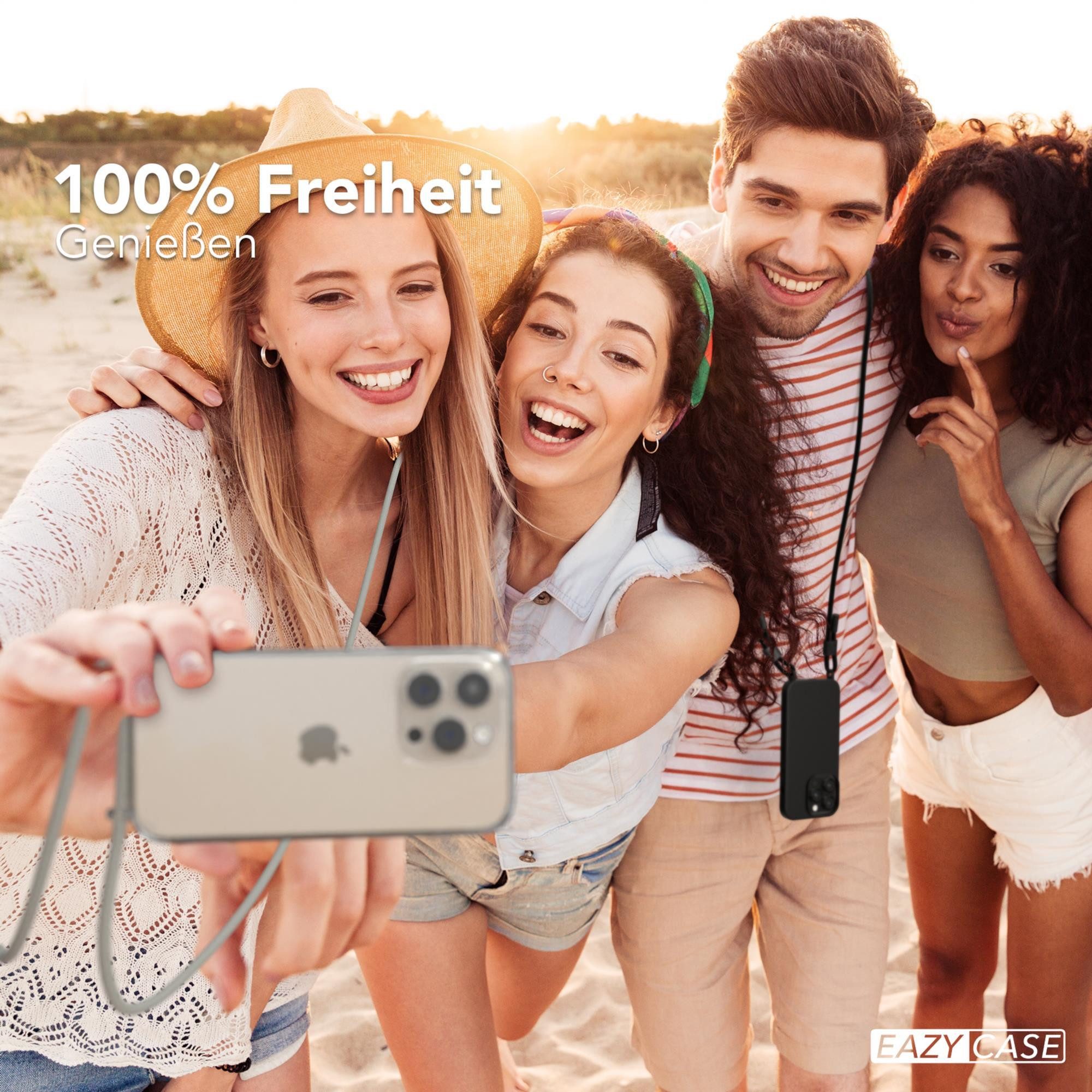 EAZY CASE Handykette Silikon Kette Unifarbe für Apple iPhone 15 Pro 6,1 Zoll, Schutzhülle zum Umhängen Hülle mit Umhängeband Kettenhülle Grau Taupe