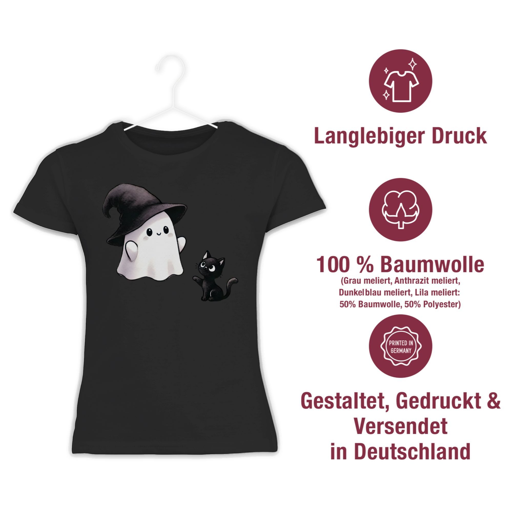 Shirtracer T-Shirt Süßes Geister Motiv mit Katze, Halloween Katzenmotiv Halloween Kostüme für Kinder
