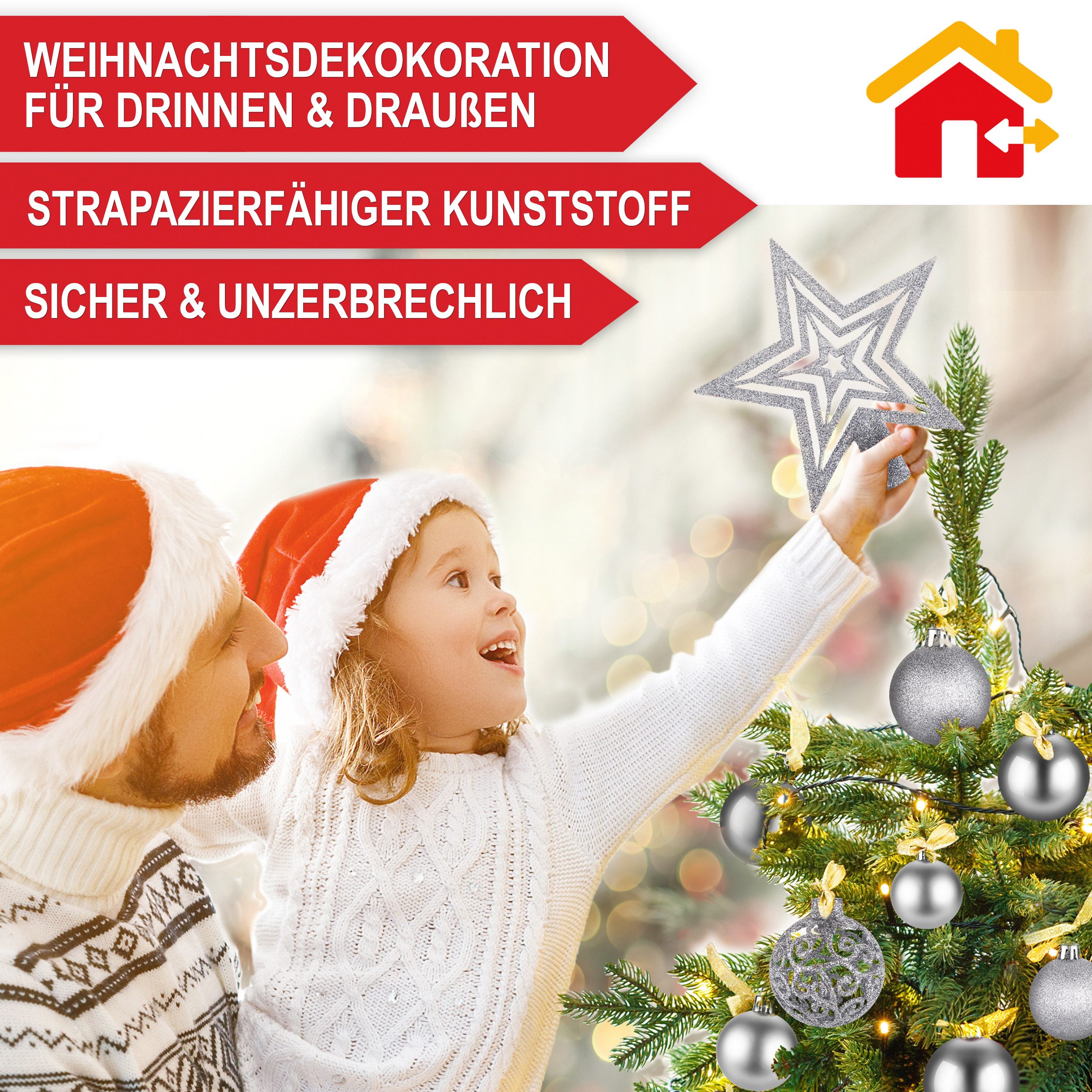 Onbest Weihnachtsbaumkugel Weihnachtskugeln 128-teiliges Set PLUS 5x Karten & 1x Baumspitze, in 3 Größen, 3 Designs, Weihnachtsschmuck Weihnachtsdeko
