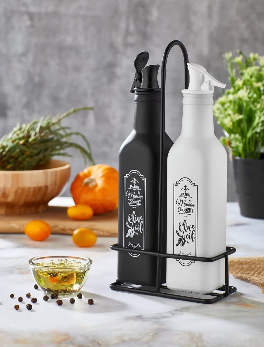 Lashuma Ölkaraffe Schwarz-Weiß, (Set, 2-tlg., 250 ml), Öl Flaschen Glas, Ölspender mit Halterung