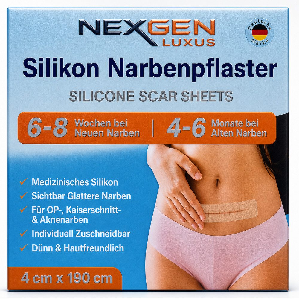 NEXGEN LUXUS SCHÖNHEIT & HAUTPFLEGE Wundpflaster Silikon Narbenpflaster Silicone Scar Sheets Scar Tape (4 cm x 190 cm), Deutsche Marke. Alte & Neue Narben, Hautfreundlich, Wiederverwendbar