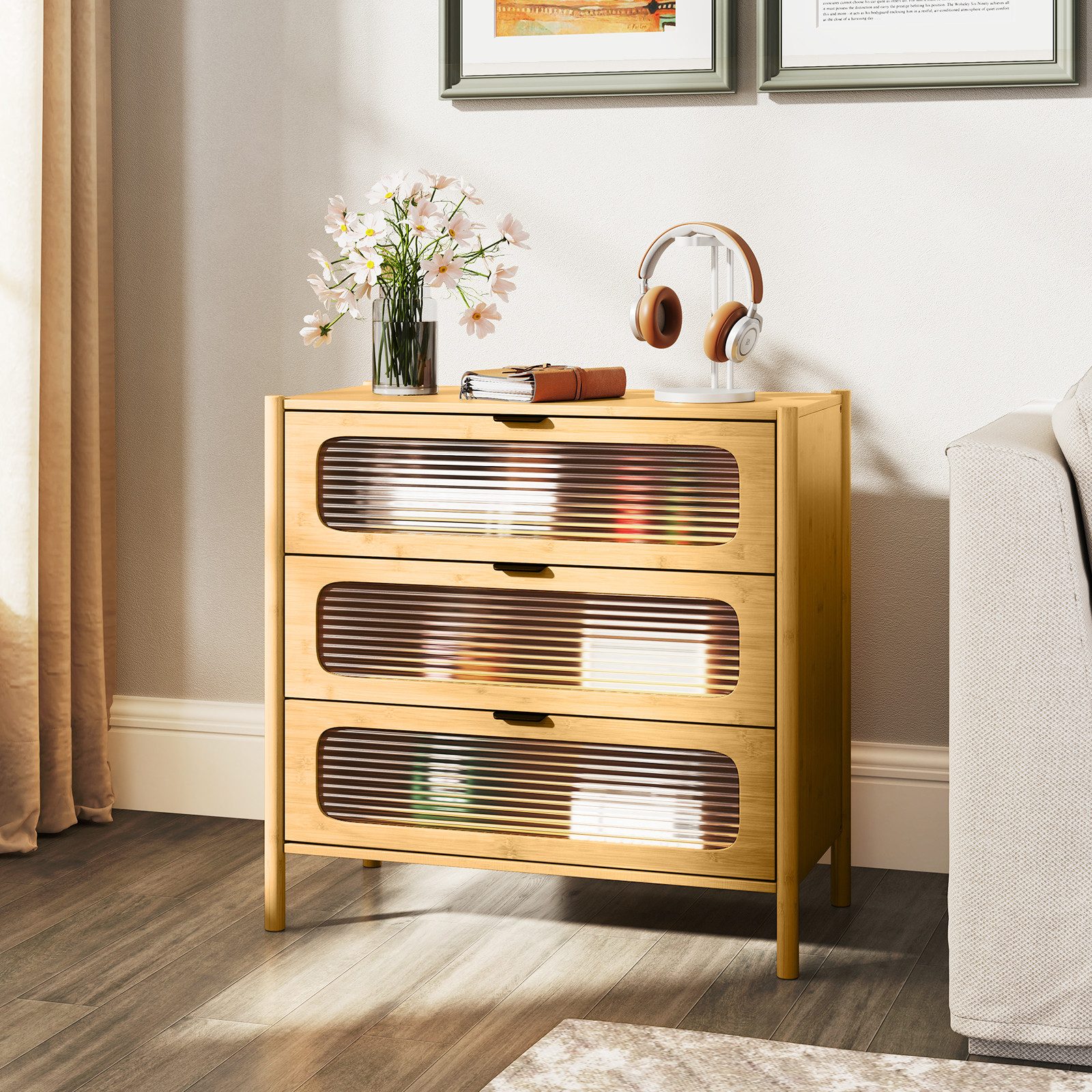 COSTWAY Kommode, 3 Schubladen, Sideboard aus Bambus & Glas, 80x40x78,5cm