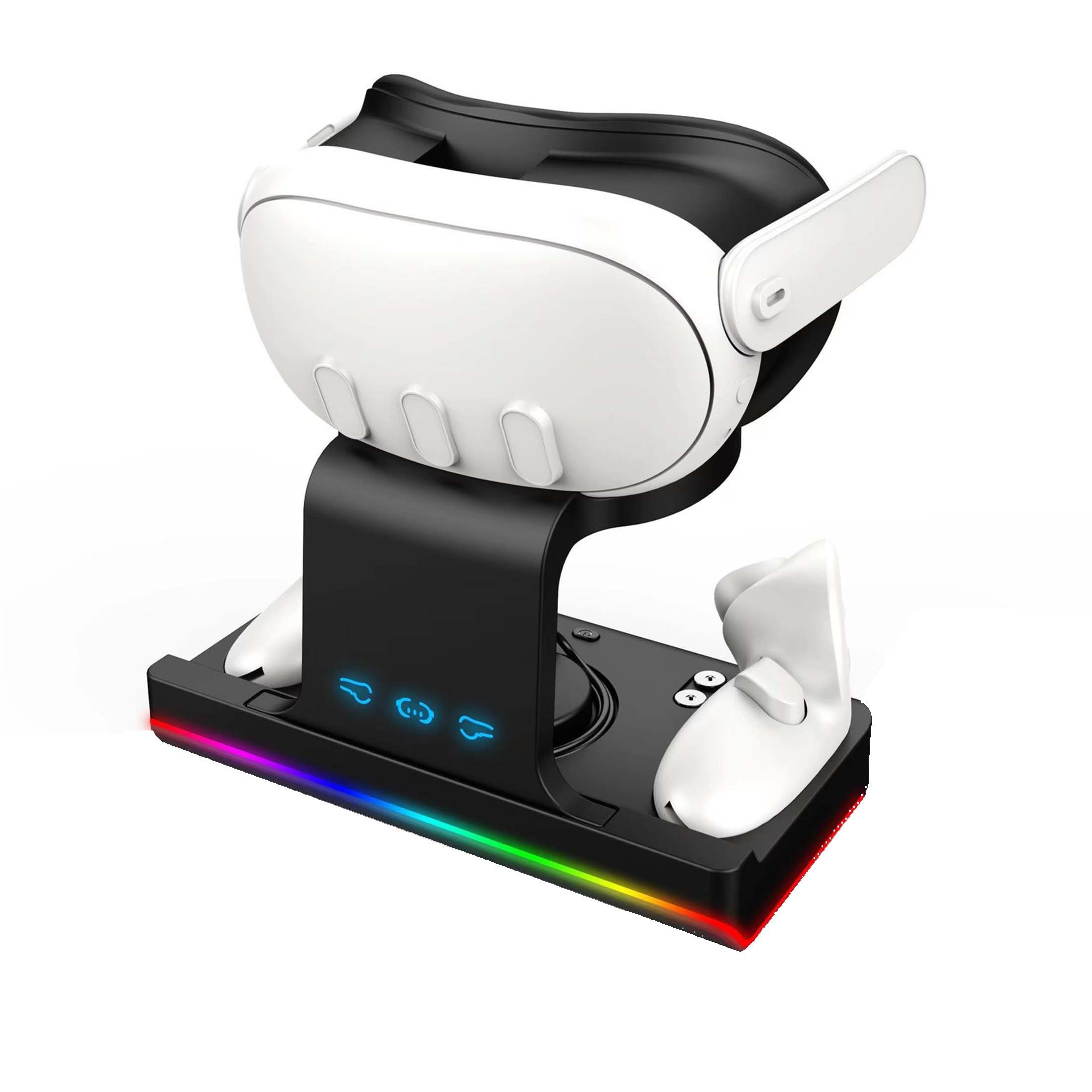 KINSI Magnetischer Ladeständer für Meta Quest 3/VR Grip,Kopfband-Ladestation Konsolen-Ladestation (Ladestation mit RGB-Beleuchtung, mit 2 wiederaufladbaren Batterien)