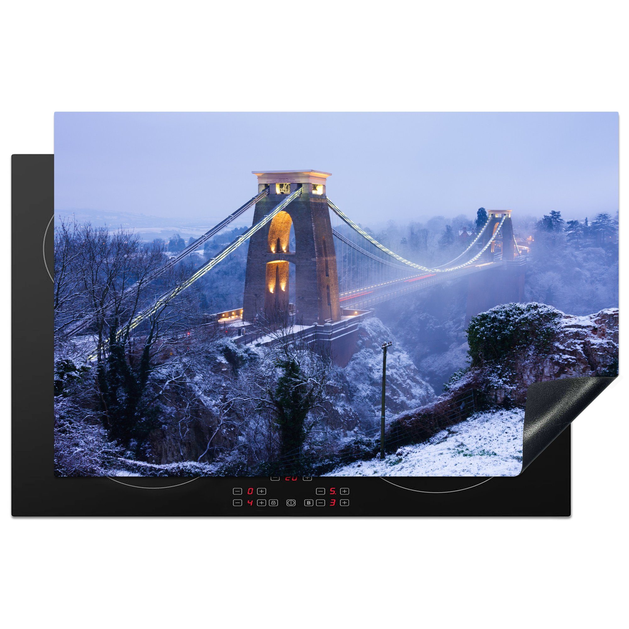 MuchoWow Herdblende-/Abdeckplatte Die schneebedeckte Clifton-Hängebrücke in Bristol, England, Vinyl, (1 tlg), 81x52 cm, Induktionskochfeld Schutz für die küche, Ceranfeldabdeckung
