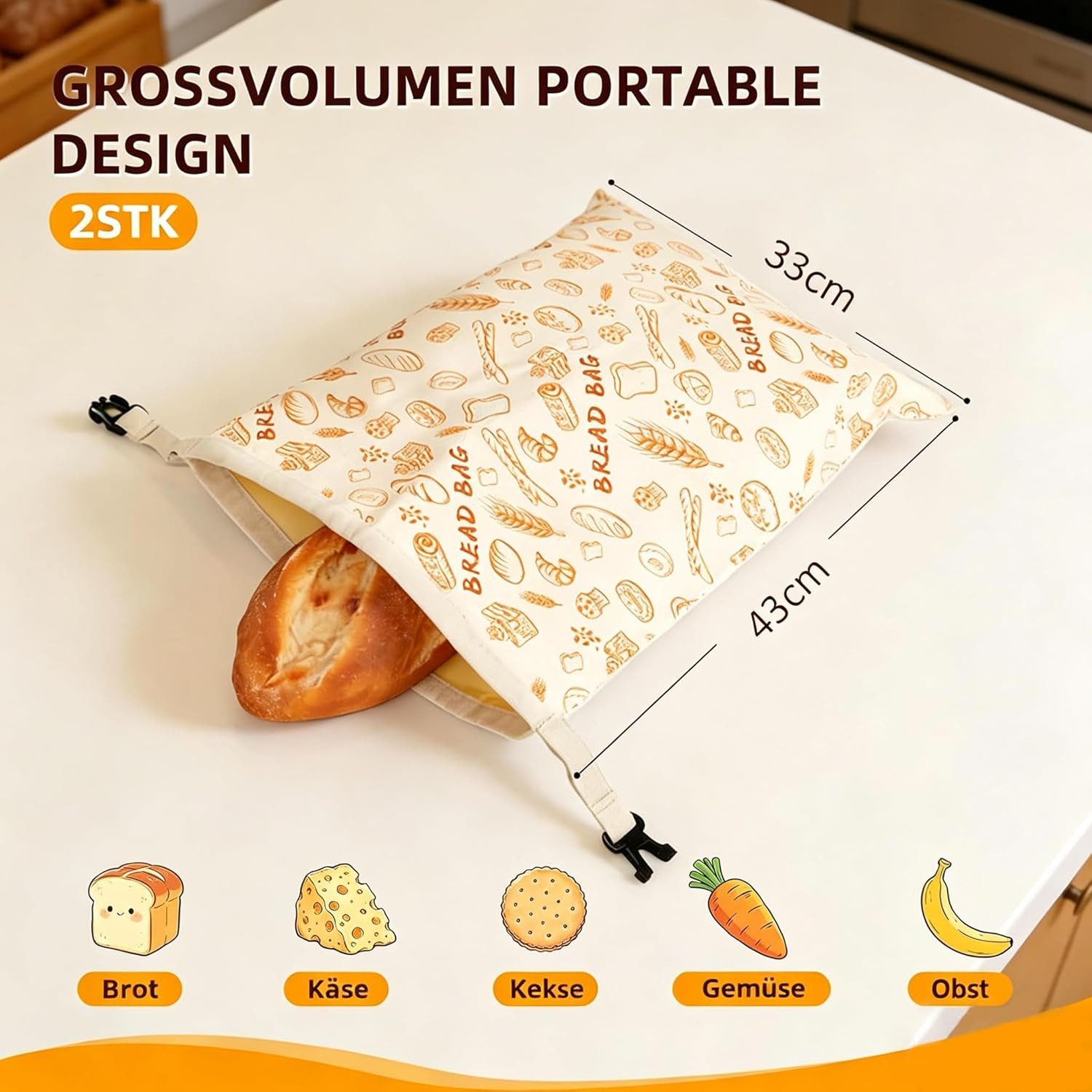 Agger Brottasche Bienenwachs Brotbeutel 2er Pack (43x33cm) – Wiederverwendbare, (2-tlg) – Bild 2 von 5