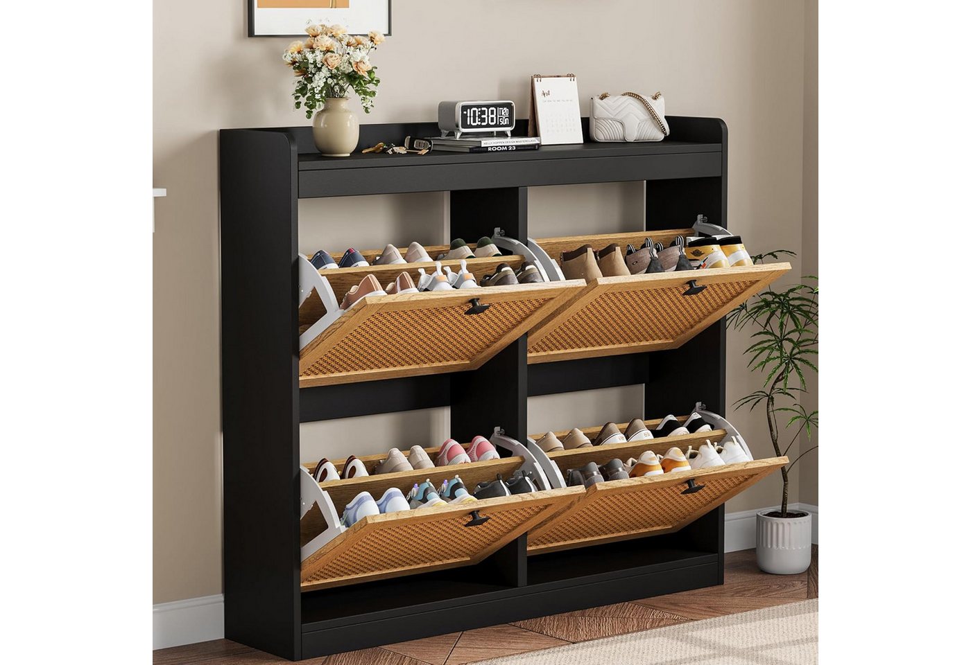 GarveeMore Schuhschrank aus Rattan mit 4 Klappschubladen für Eingangsbereich,Flur 105x23x96cm freistehender Schuhschrank aus Holz mit verstellbaren Einlegeböden