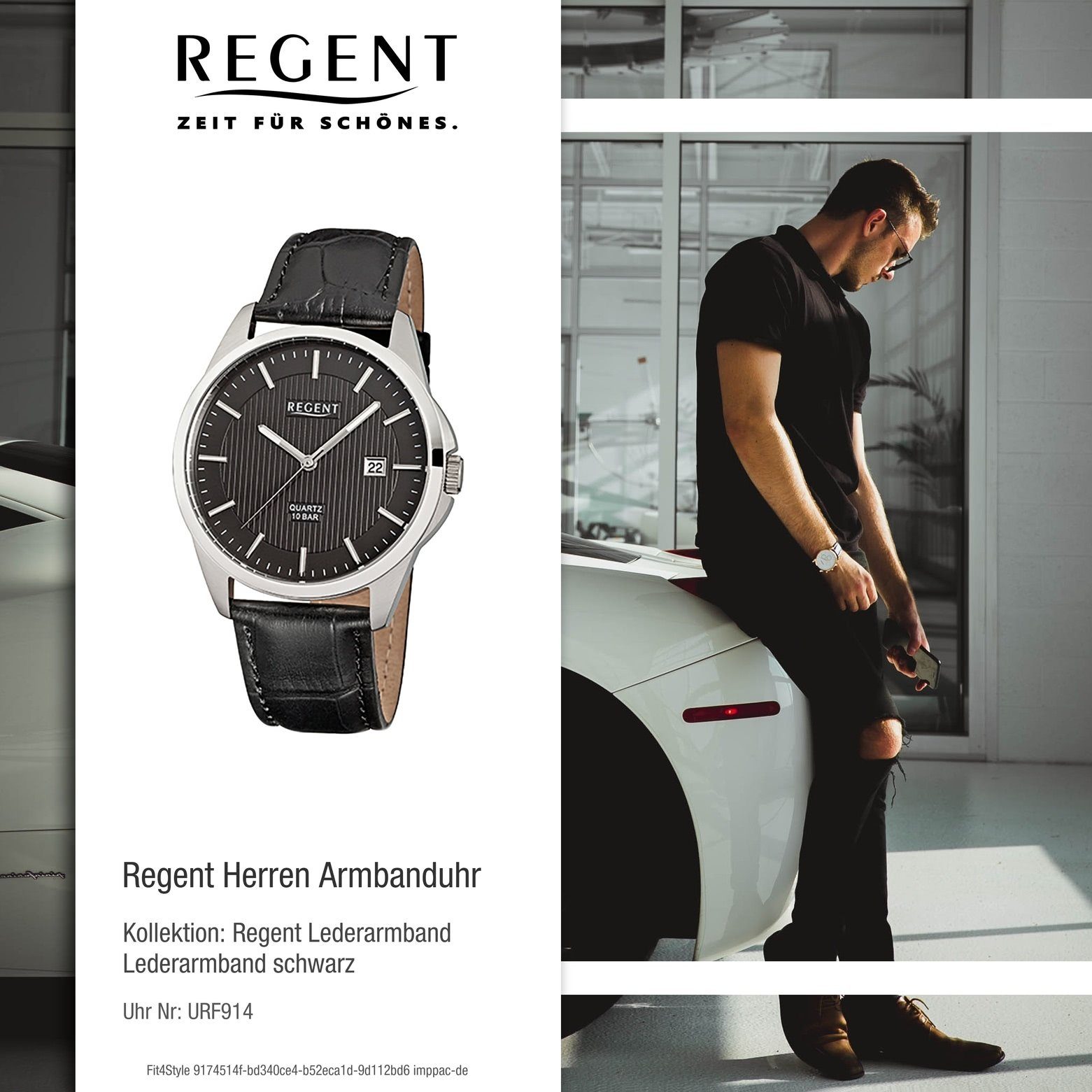 Armbanduhr rund, Regent mittel Herren-Armbanduhr Lederarmband Quarzuhr Herren Regent Analog, schwarz 39mm), (ca.