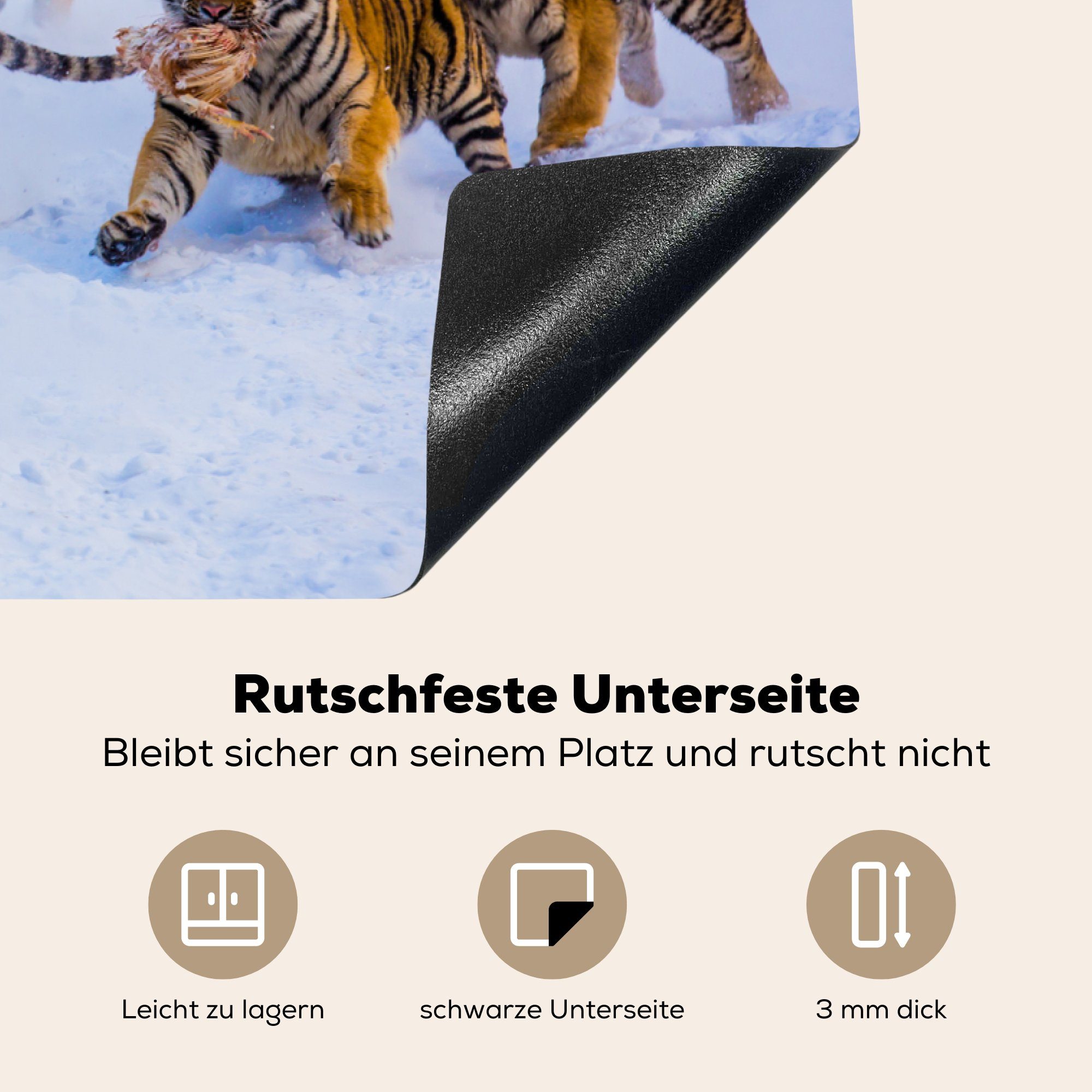 cm, tlg), die (1 - Herdblende-/Abdeckplatte Schutz Vinyl, - 81x52 Induktionskochfeld - MuchoWow Tiere Schnee Winter, Tiger Ceranfeldabdeckung Wilde für küche,