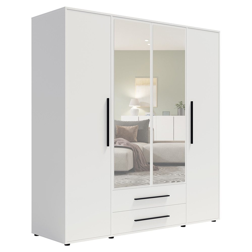 Lomadox Kleiderschrank MOLLERUSA-132 in weiß matt mit schwarzen Griffen, 197,6cm breit, mit Spiegeltüren