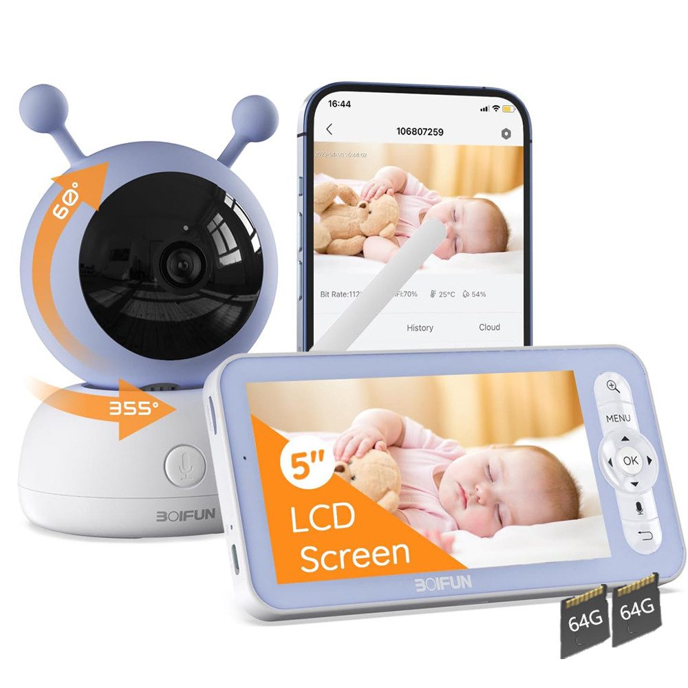 Video-Babyphone 1080P/5 Zoll Babyphone mit Kamera und App-Intelligente Nachtsicht