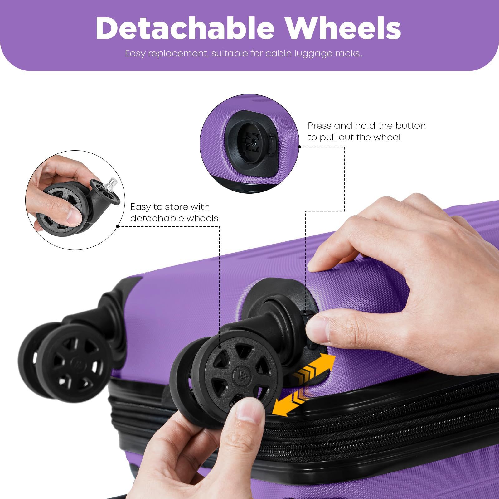 YONSLY Handgepäckkoffer Kabinenkoffer Reisekoffer Trolley mit abnehmbaren Rollrädern, 4 Rollen, ABS-Hartschale mit Zahlenschloss und ergonomischem Gummigriff
