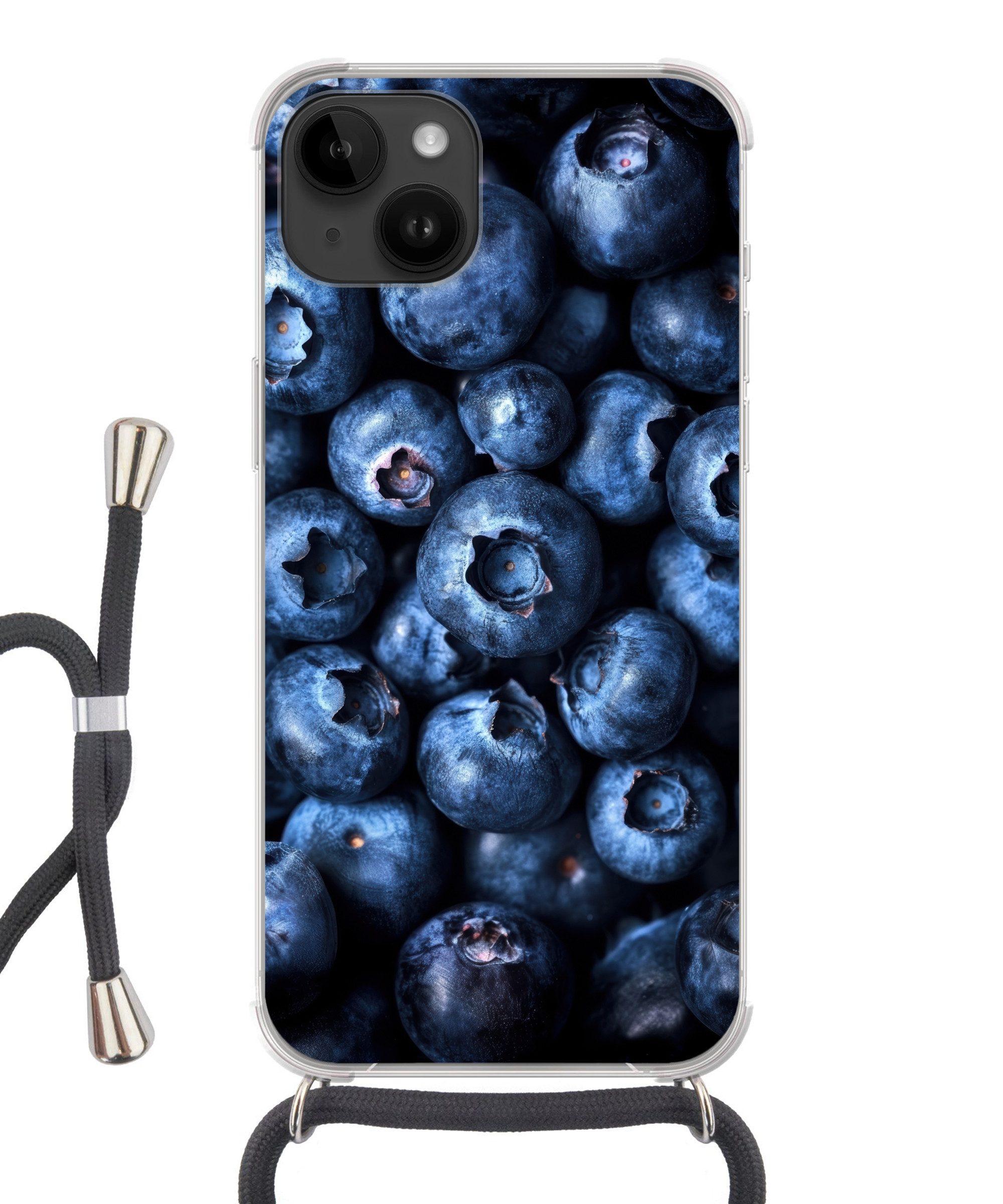 MuchoWow Handyhülle für Apple iPhone 14 Beeren - Blau - Obst, Tragbare Handyhüllen mit Kette zum umhängen, Handykette Handyband
