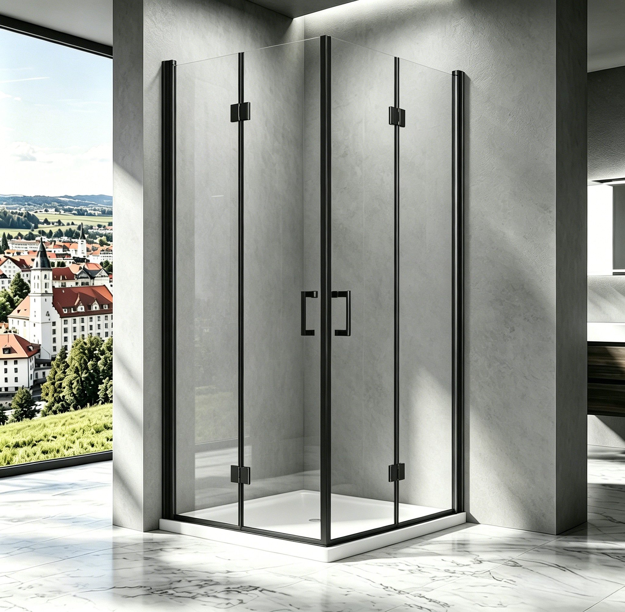 Boromal Eckdusche falttür Duschkabine 90x90 80x80 100x100 H: 195cm, BxT: 90x90 cm, 5mm NANO Sicherheitsglas, Eckeinstieg Schwarz Chrom, mit Alu-Bodenleiste, Magnetverschluss, Duschdichtungen, Rechts-und Links montierbar