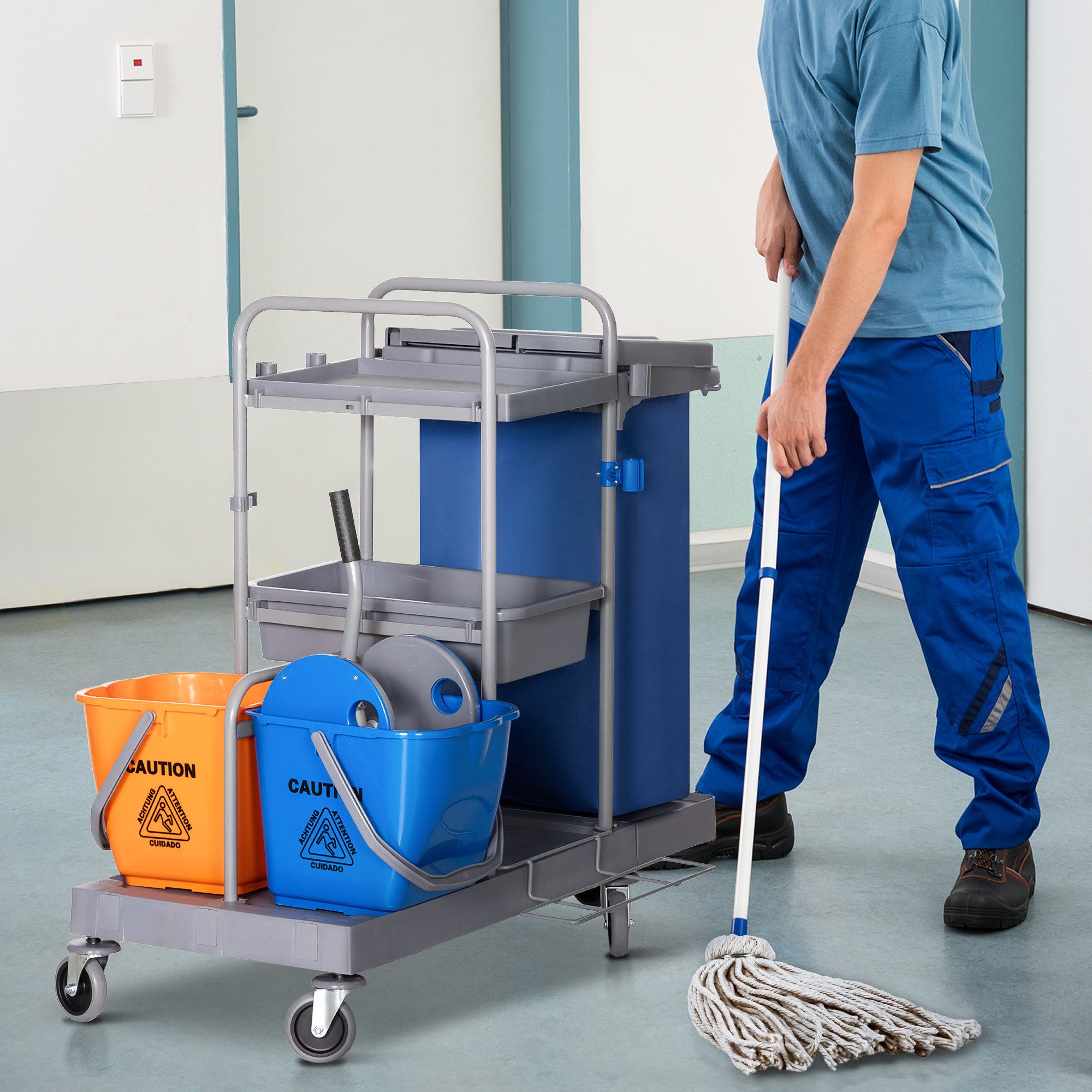 HOMCOM Putzeimer Reinigungswagen mit 3 Ebenen, 2x18L Eimer, Abfallsack, (Systemwagen, 1-tlg., Reinigungswagen mit Eimern und Abfallsack), Mit Auswringer und großem Abfallsack