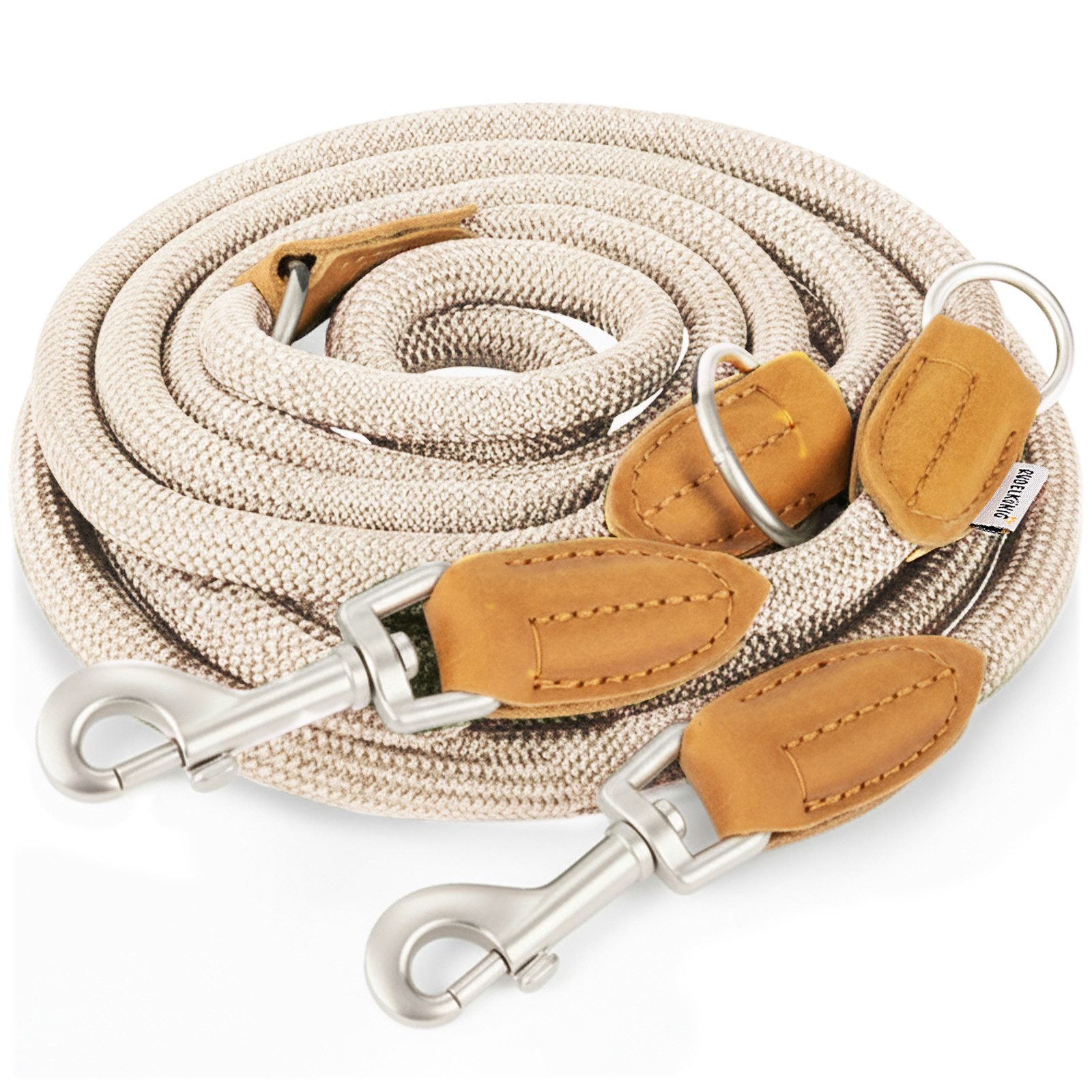 Rudelkönig Hundeleine Hundeleine 2,25m mit Leder, Elegante Führleine für große Hunde, Leder, Polyester (1-tlg), 3-fach verstellbare Tauleine