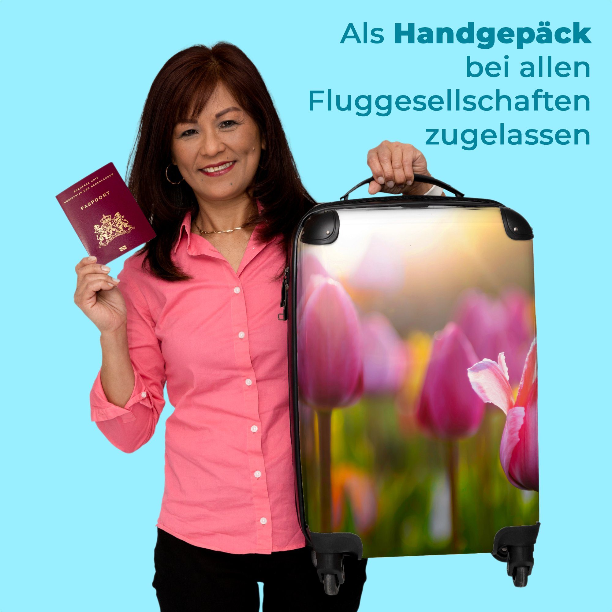 NoBoringSuitcases.com© Handgepäckkoffer 55x35x20cm Tulpen Rosa 4 Natur, Rollen Reisekoffer Kleine Frühling Trolley mit Rollkoffer - - Rollen, - Cabin Blumen - Handgepäck - 4