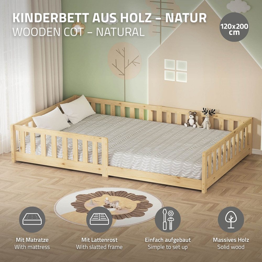 ML-DESIGN Spielbett Bodenbett Holzbett mit Lattenrost & Rausfallschutz Jugendbett Babybett, Abenteuerbett mit Matratze H-16 cm 120x200cm Kinderbett Bettgestell