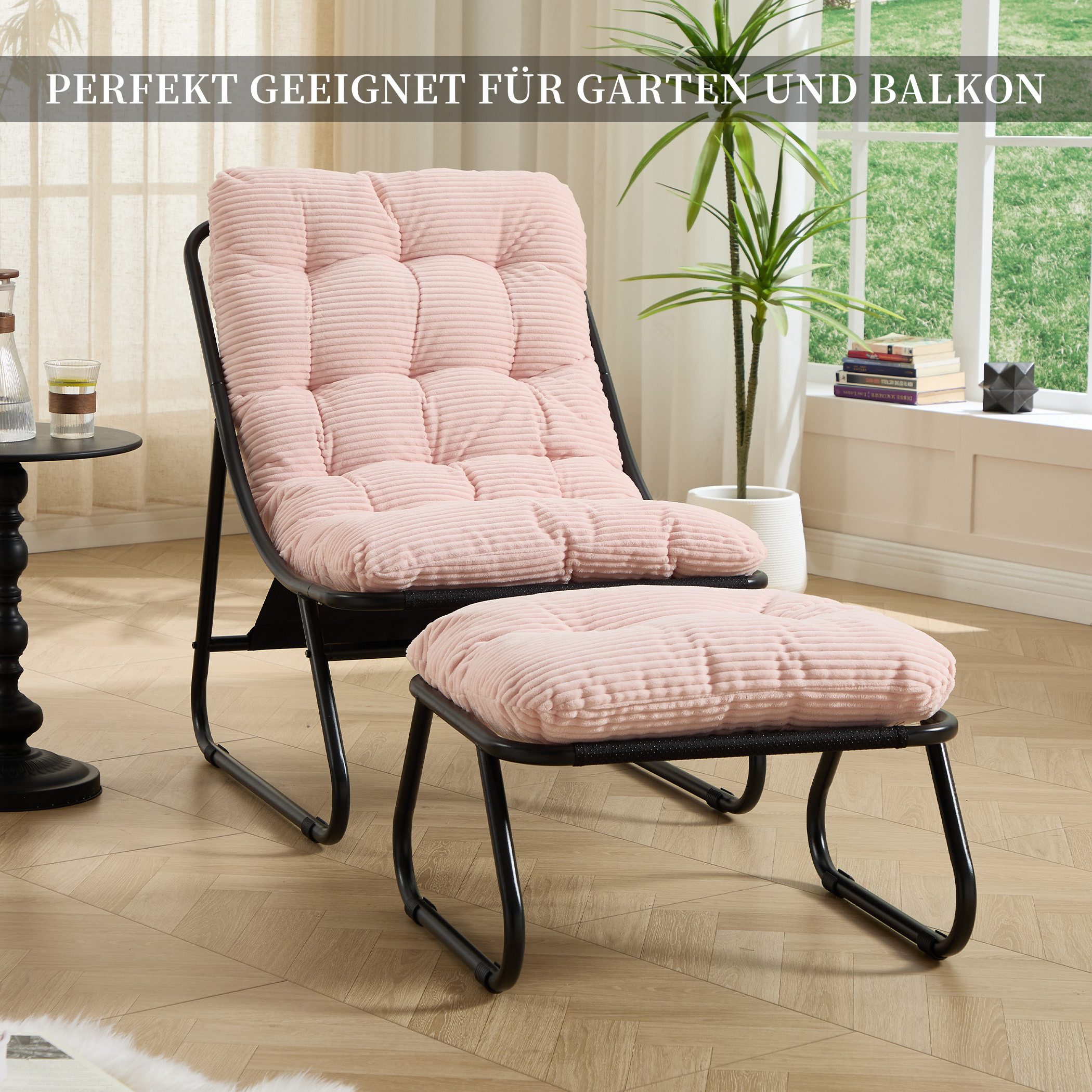 SeedWave Loungesessel mit Ottoman Liegestuhl Stahlgestell Gartenstuhl mit Trennbaren Pölster (bestehend aus Sessel und Hocker), Outdoor Terrassenstuhl für Garten usw. Außenbereich