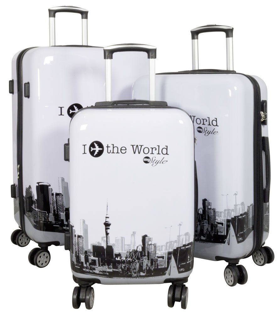 MONOPOL® Kofferset Kofferset 3tlg Reisekoffer Polycarbonat Hartschale Fly the world weiß