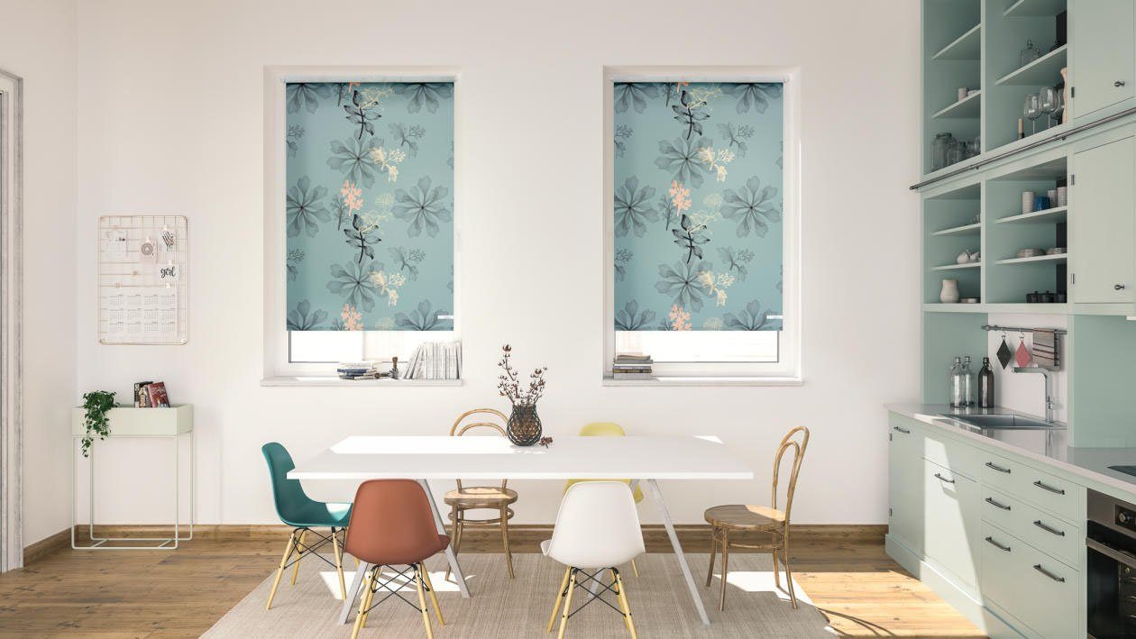 Seitenzugrollo Rollo Klemmfix, ohne Bohren, Verdunkelung, Aqua Floral - Blau, LICHTBLICK ORIGINAL, verdunkelnd, freihängend, Klemmfix