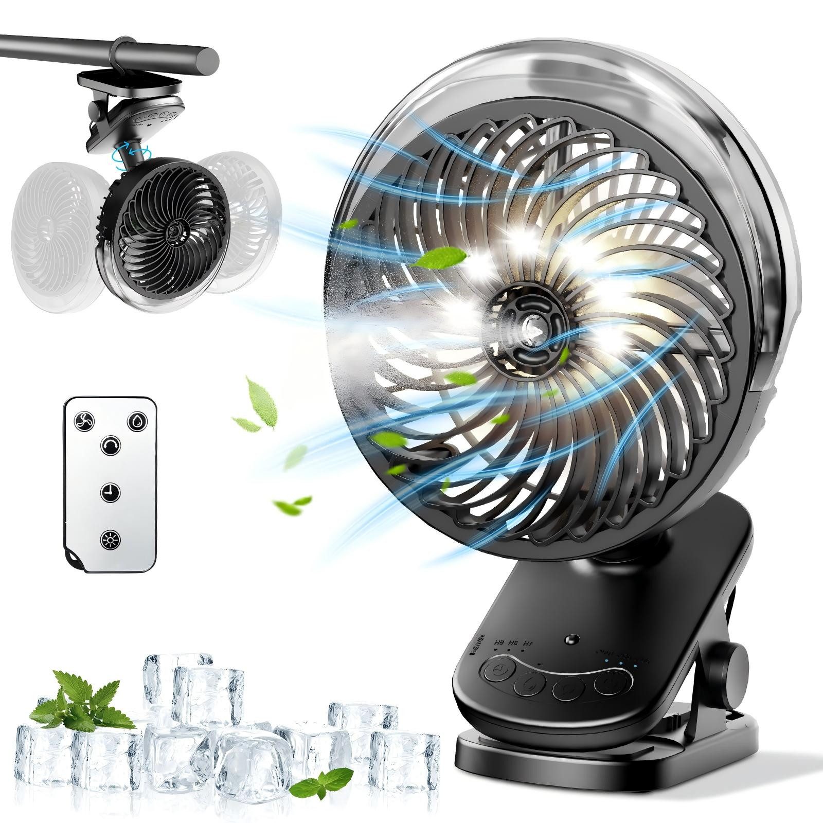 ATEROLL Tischventilator Tragbarer Ventilator,Timerfunktion,3 Geschwindigkeits,mit Nachtlicht, Taillen-Clip-Ventilator Dimmer Einhängbar,360° Drehung Nebelventilator