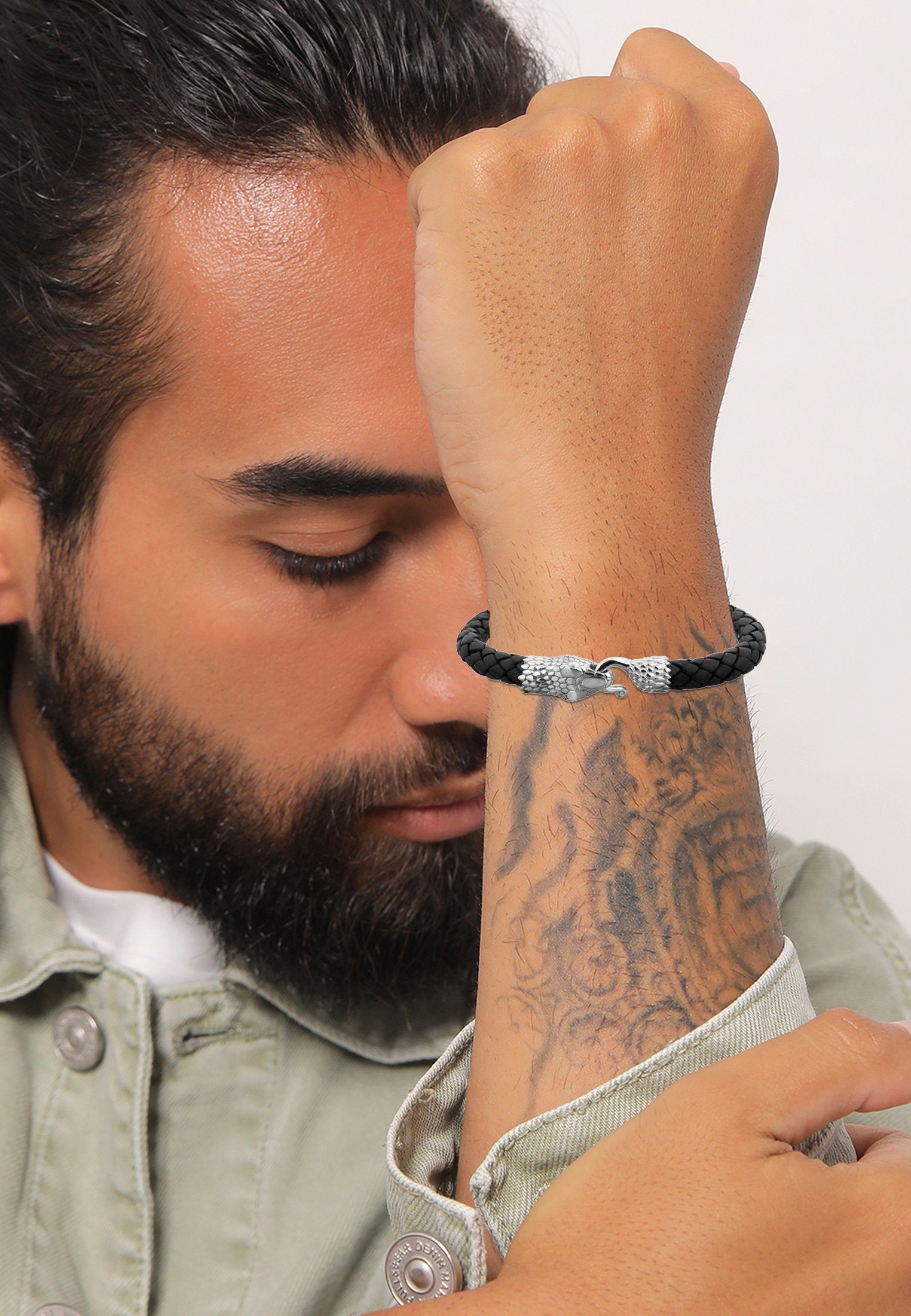 Kuzzoi Armband Herren Echtleder Schlange Geflochten 925 Silber