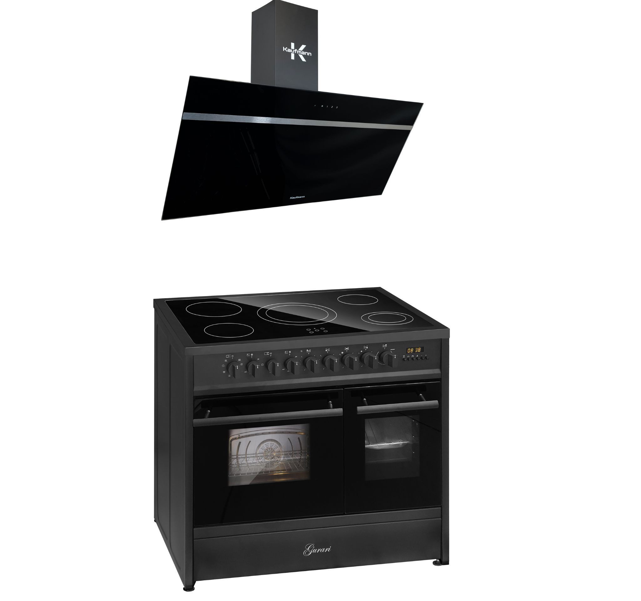 GURARI Elektro-Standherd Glaskeramik Herd 90 cm Schwarz Range Cooker Elektro Doppelbackofen mit Dunstabzugshaube 90cm GCH E 912 DF BL+VIKTORIA 90 BL, mit 1-fach-Teleskopauszug