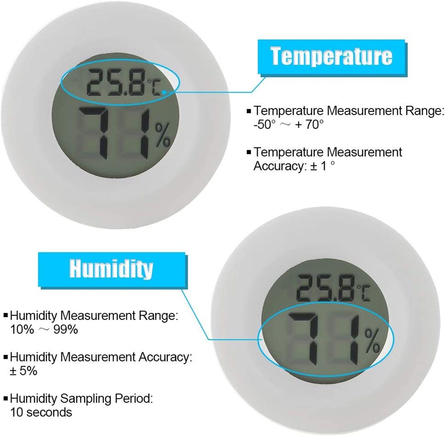 Olotos Hygrometer Thermo-Hygrometer 5er-Set, Luftfeuchtigkeit LCD Kontrolle Digitales Weiß für Mini Thermometer Kühlschrank Messgerät Temperatur Innenraum