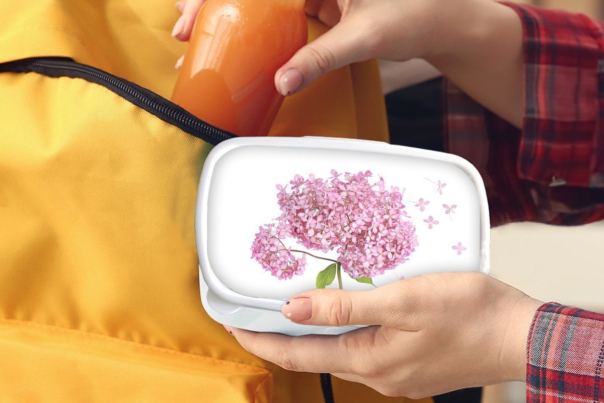 MuchoWow Lunchbox Brotdose, Kinder Hintergrund, für Nahaufnahme für Kunststoff, (2-tlg), Hortensie und Jungs Brotbox Erwachsene, Mädchen weißem auf und