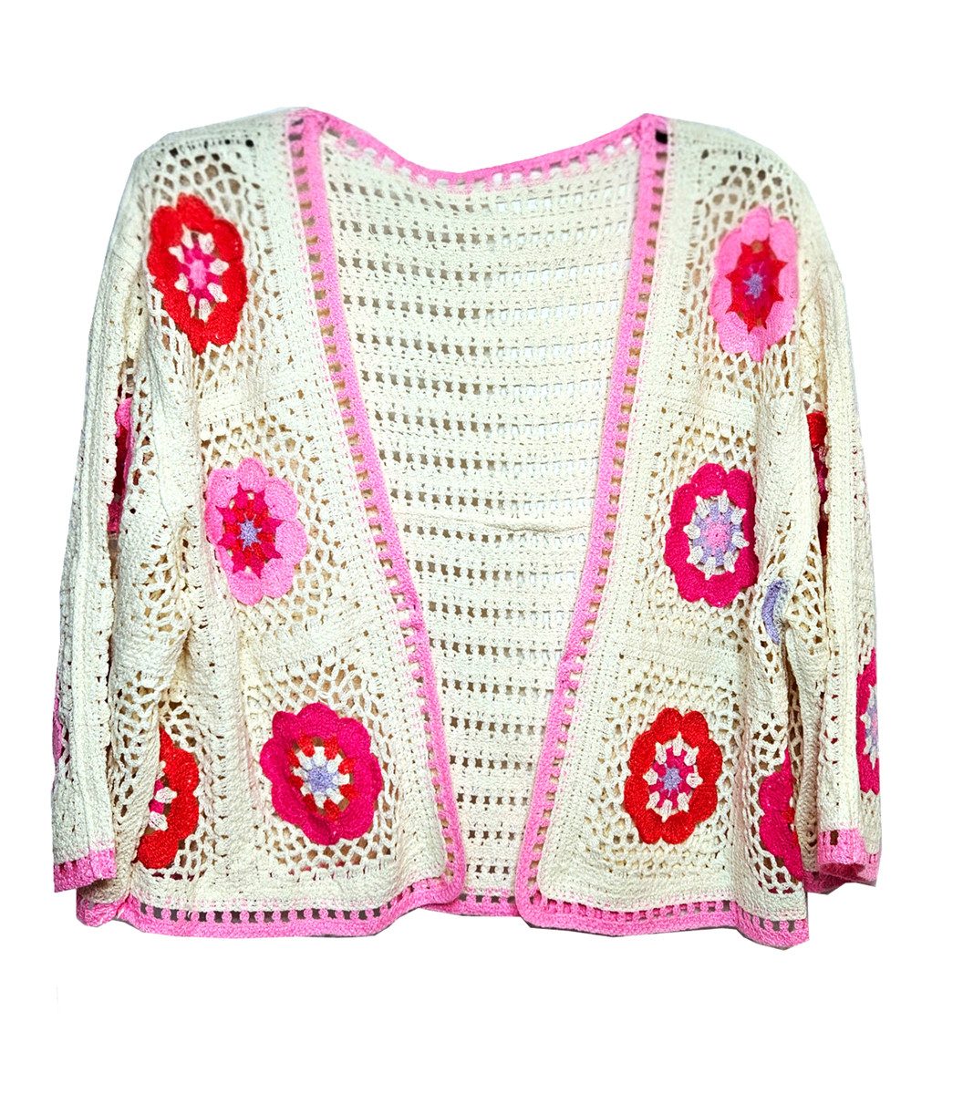 Strickjacke Boho Cardigan Häkel Creme Rosa Koralle L 40 / 42 Ibiza Style günstig online kaufen