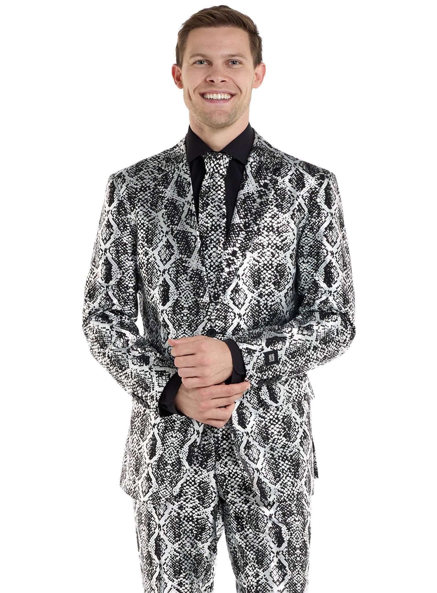 Opposuits Partyanzug Silver Snakes Anzug, Cobrastyle: ein Anzug aus glänzend silberner Schlangenhaut