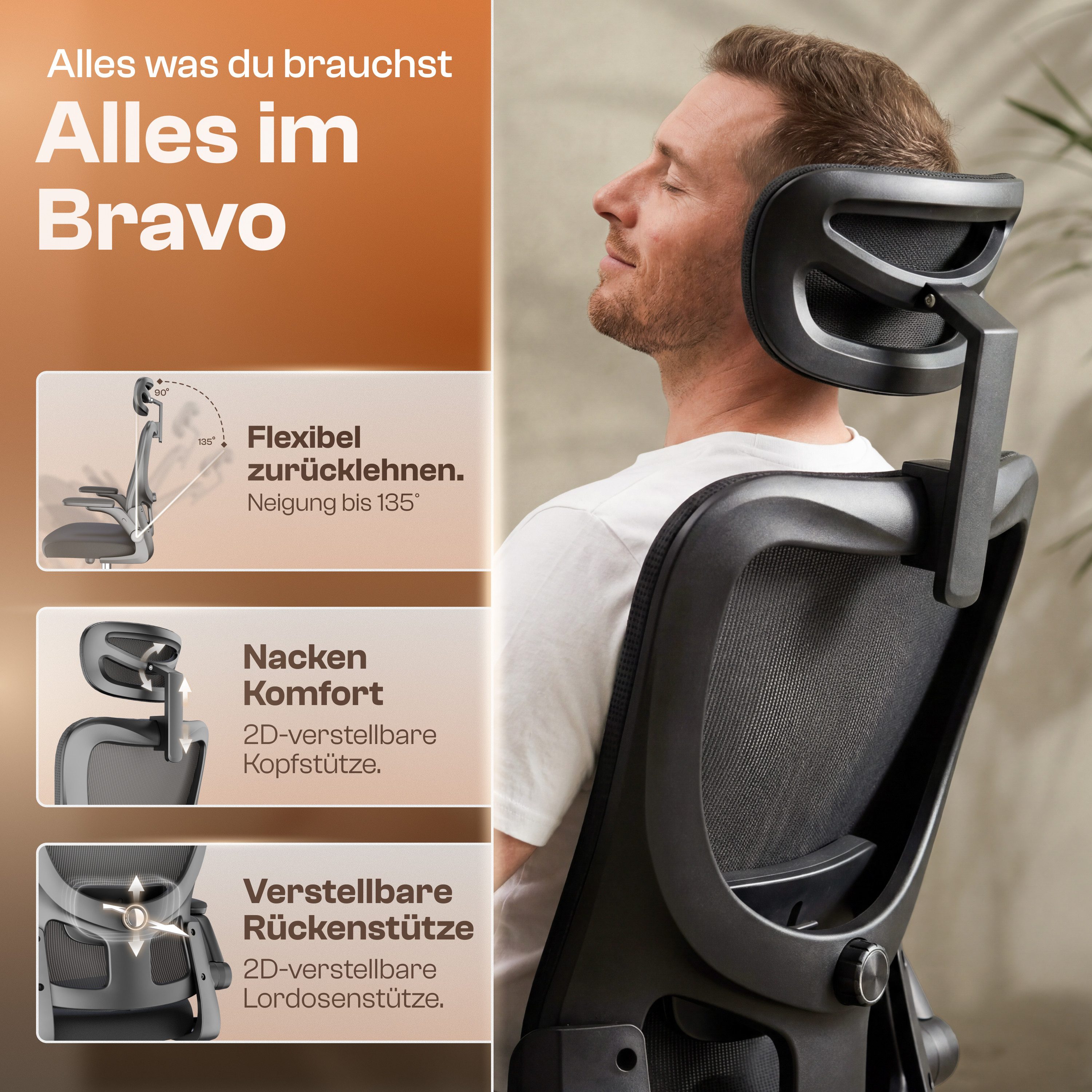 LUTIVO Bürostuhl Ergonomisch & Individuell Anpassbar, Home Office Schreibtischstuhl (Bürostuhl Alpha, Bravo), Einstellung für Sitzhöhe, Kopfstütze, Armlehnen und Rücken Support